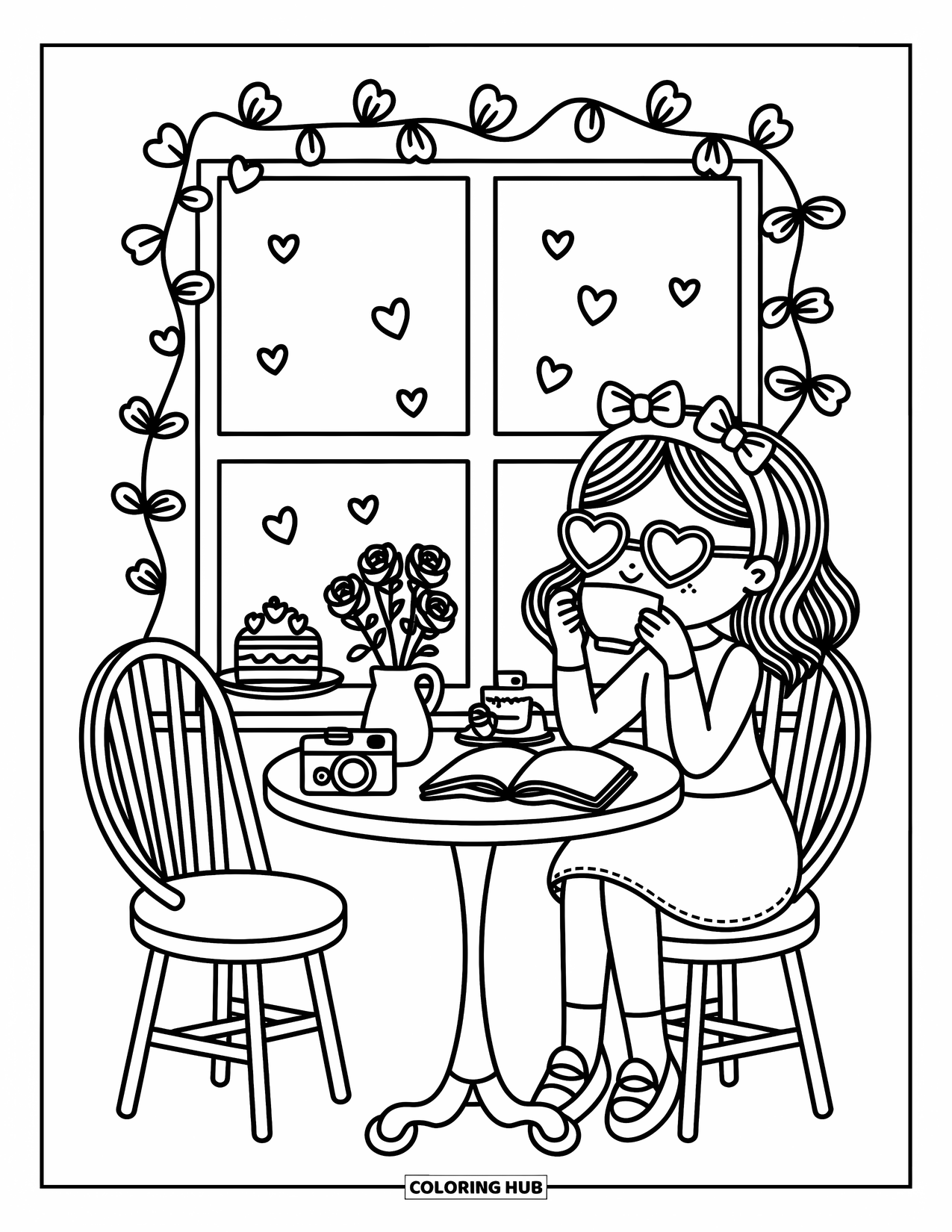 Desen de colorat Coquette pentru adulți: O fată se bucură de ceai și prăjituri la o masă fermecătoare cu viță de vie cățărătoare