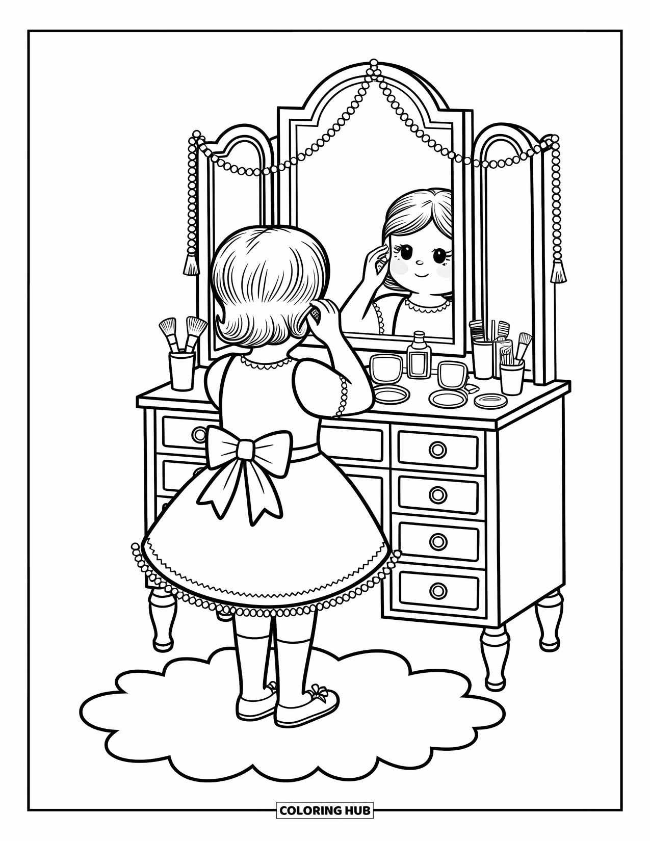 Desen de colorat Coquette pentru adulți: O fată stă lângă măsuța ei de toaletă, legând o fundă cu farmec în jur