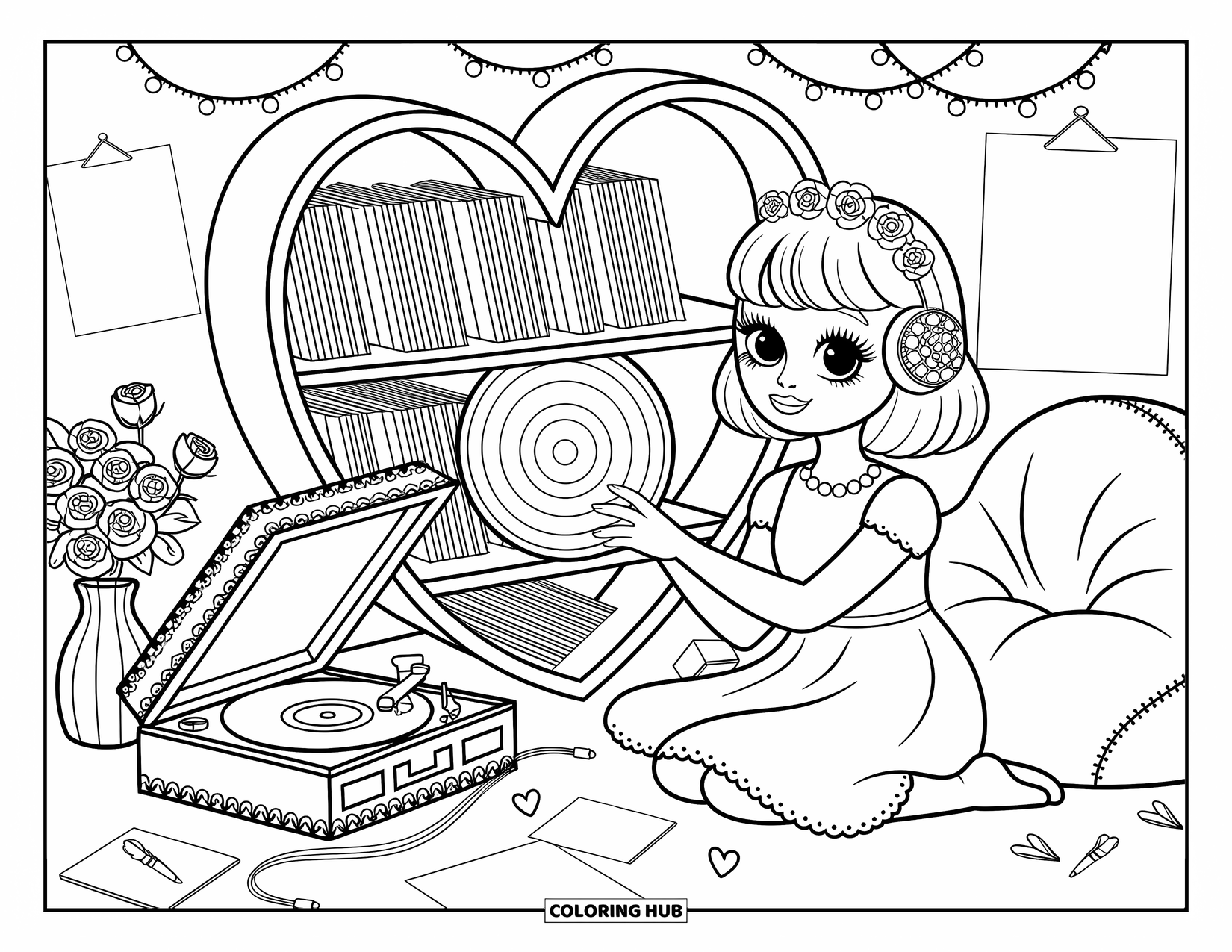 Desen de colorat Coquette pentru adulți: O fată cu un zâmbet blând alege muzică într-un colț cald și magic