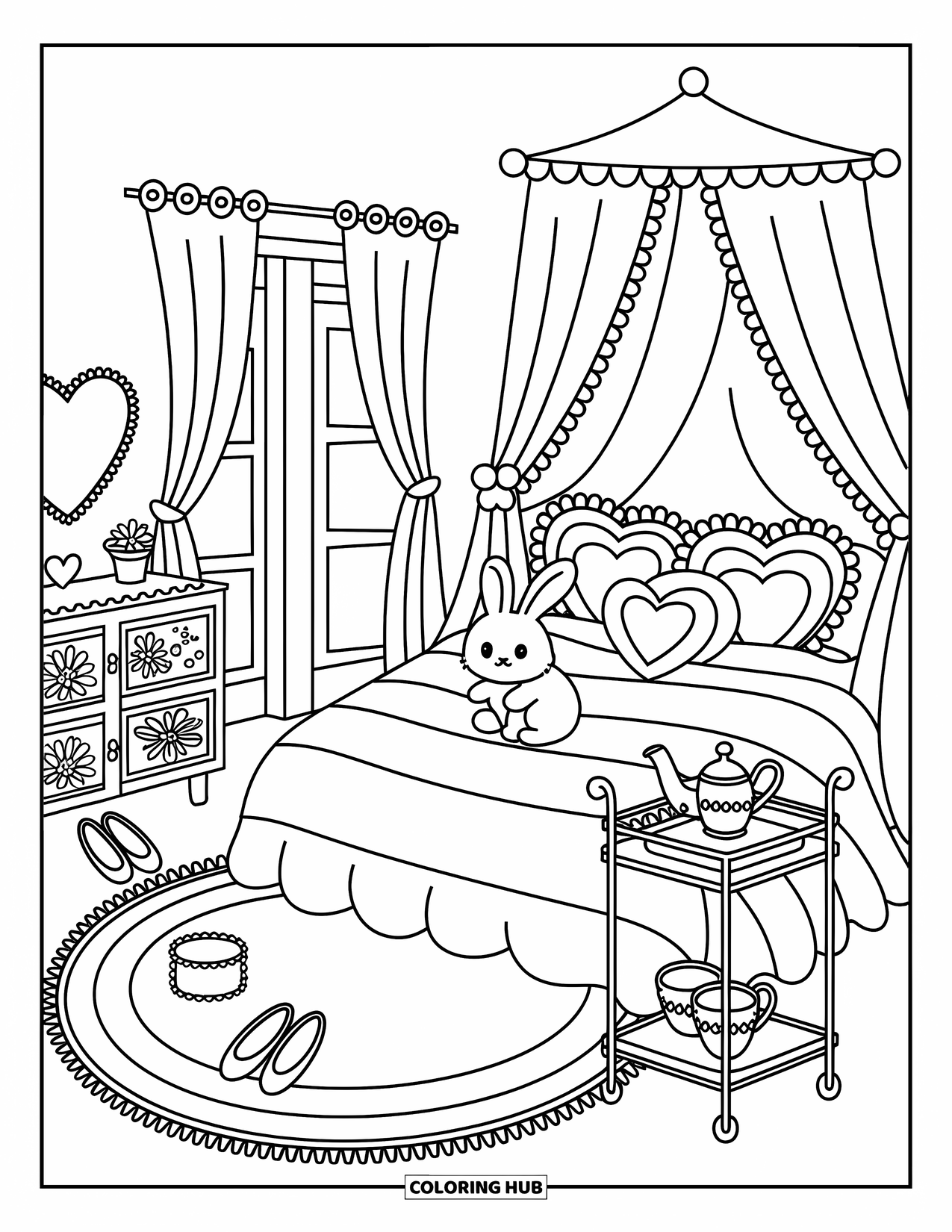 Desen de colorat Coquette pentru adulți: Un dormitor plin de inimioare, cu pături moi, balerini și lucruri mici și dulci