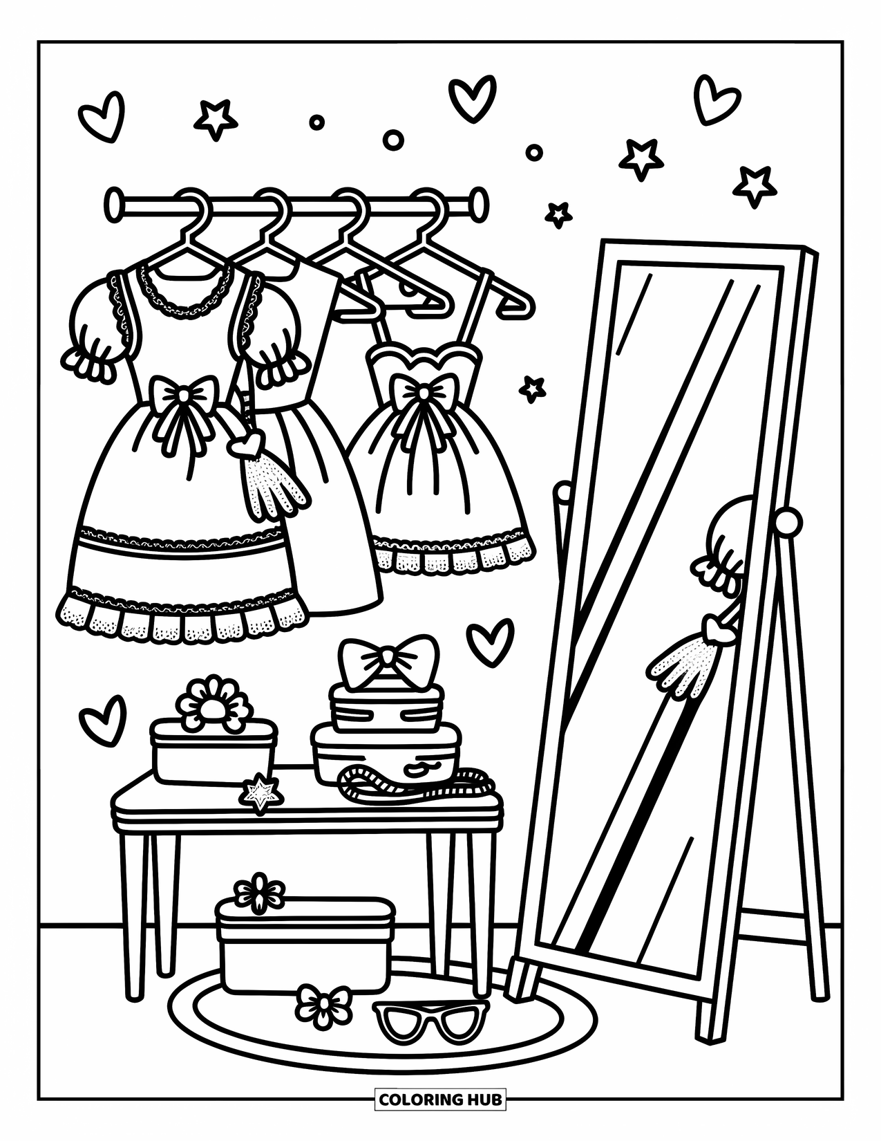 Desen de colorat Coquette pentru adulți: Un dressing plin de inimioare, cu haine cu volane și accesorii dulci