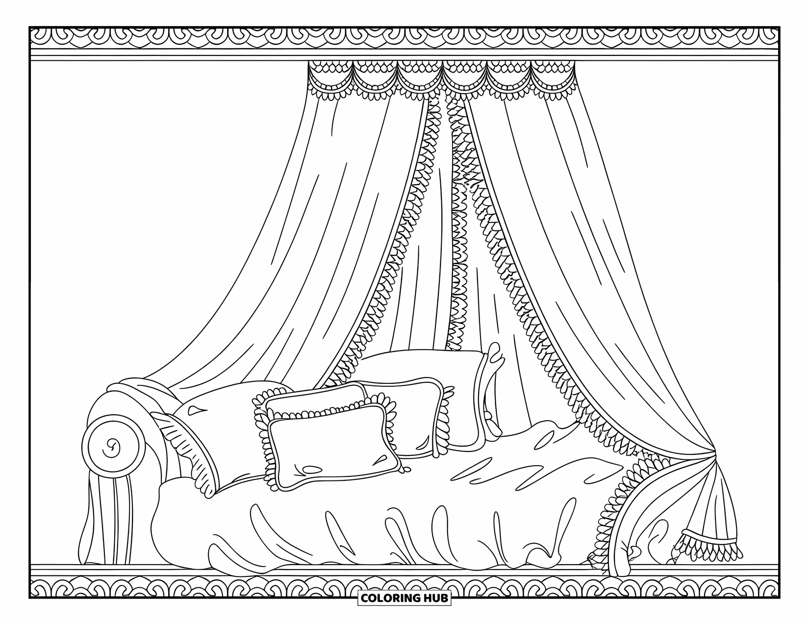 Desen de colorat Coquette pentru adulți: Un pat de pluș cu accente de dantelă și o bordură cu model frumos