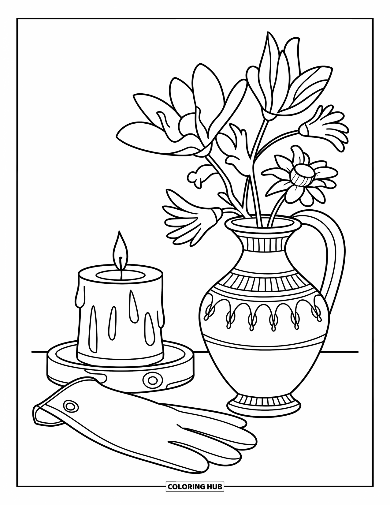 Desen de colorat Coquette pentru adulți: O vază de porțelan, mănuși moi și o lumânare așezate într-un aranjament delicat