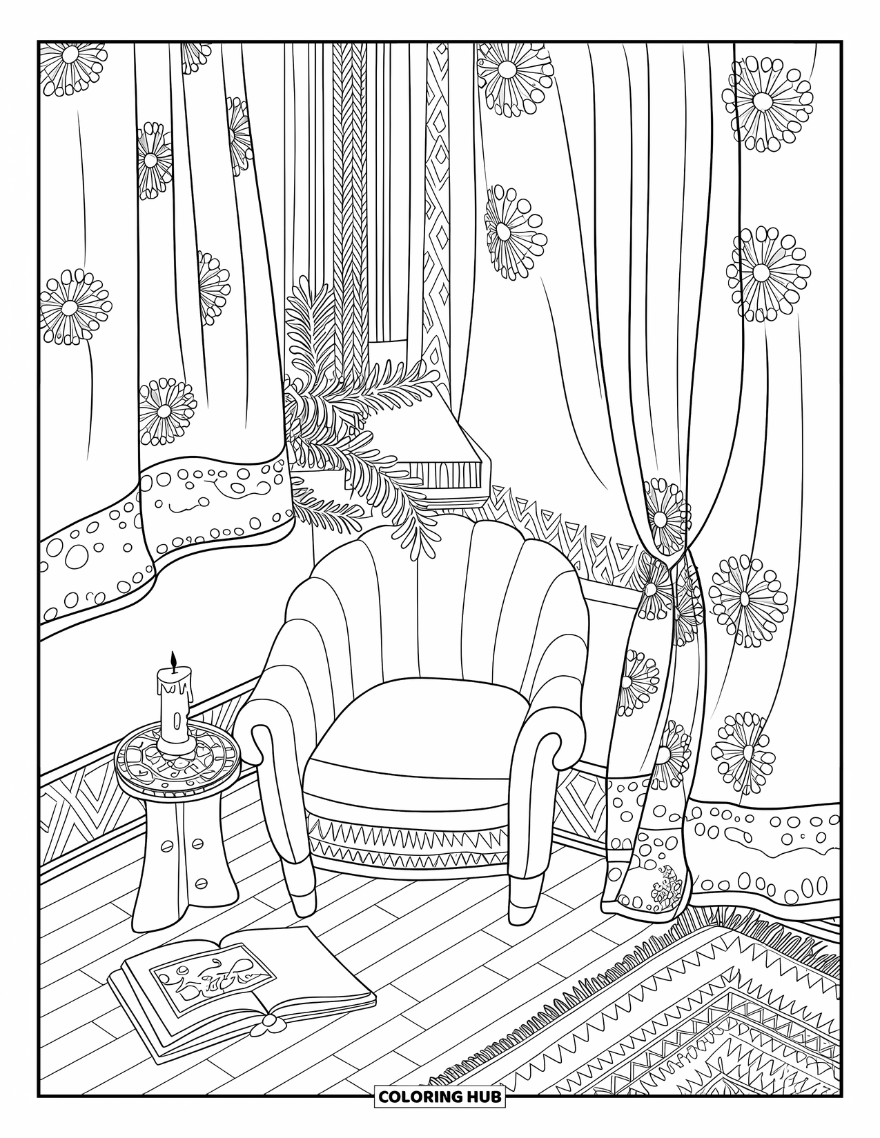 Desen de colorat Coquette pentru adulți: Un colț de lectură cu lumânări, plante și perdele florale lângă un scaun