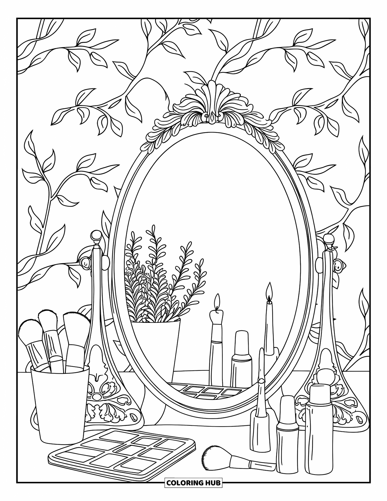 Desen de colorat Coquette pentru adulți: O măsuță de toaletă cu o lumânare, o plantă în ghiveci și un fundal cu frunze
