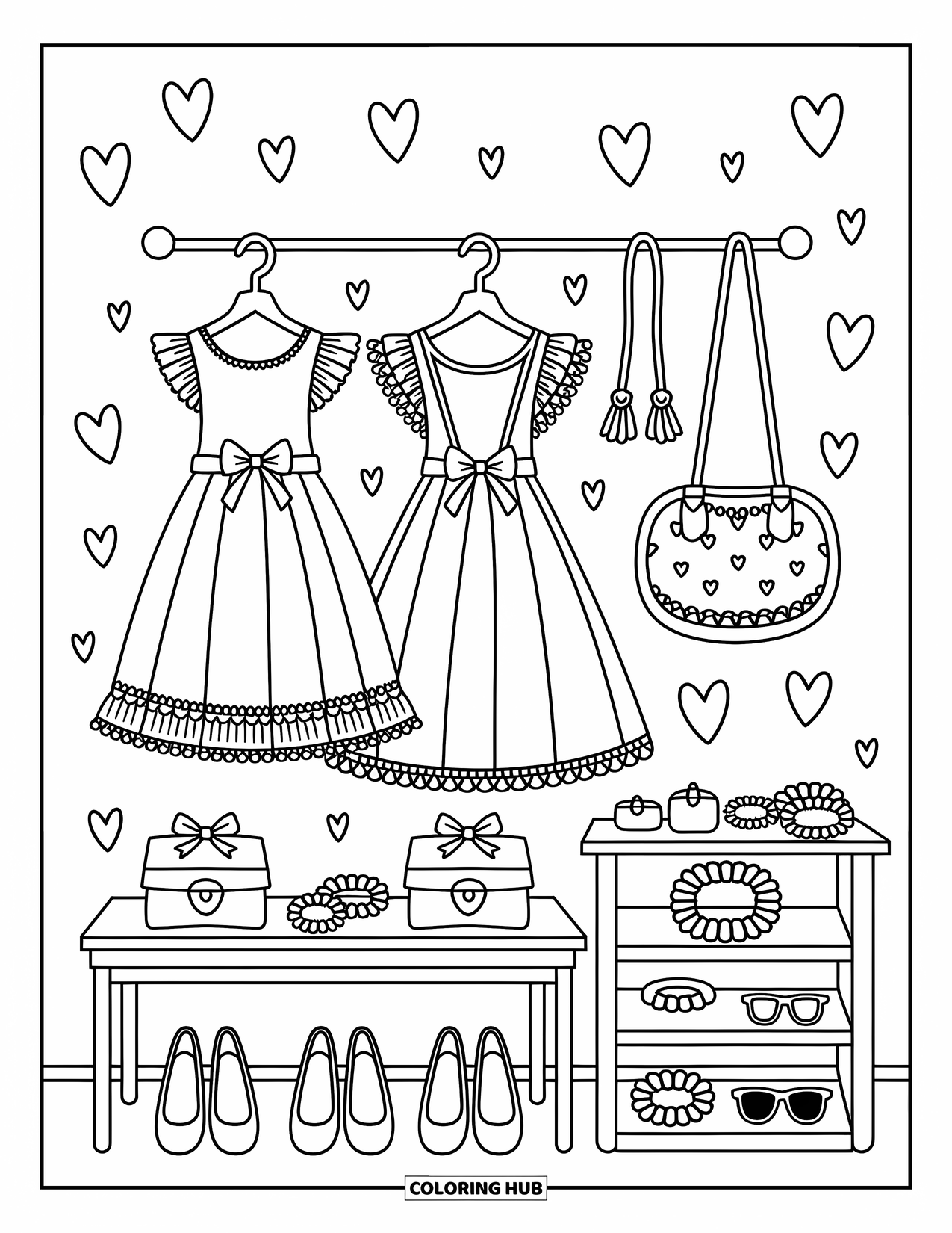 Desen de colorat Coquette pentru adulți: Rochii, funde și detalii frumoase umplu garderoba magică a unei coquette