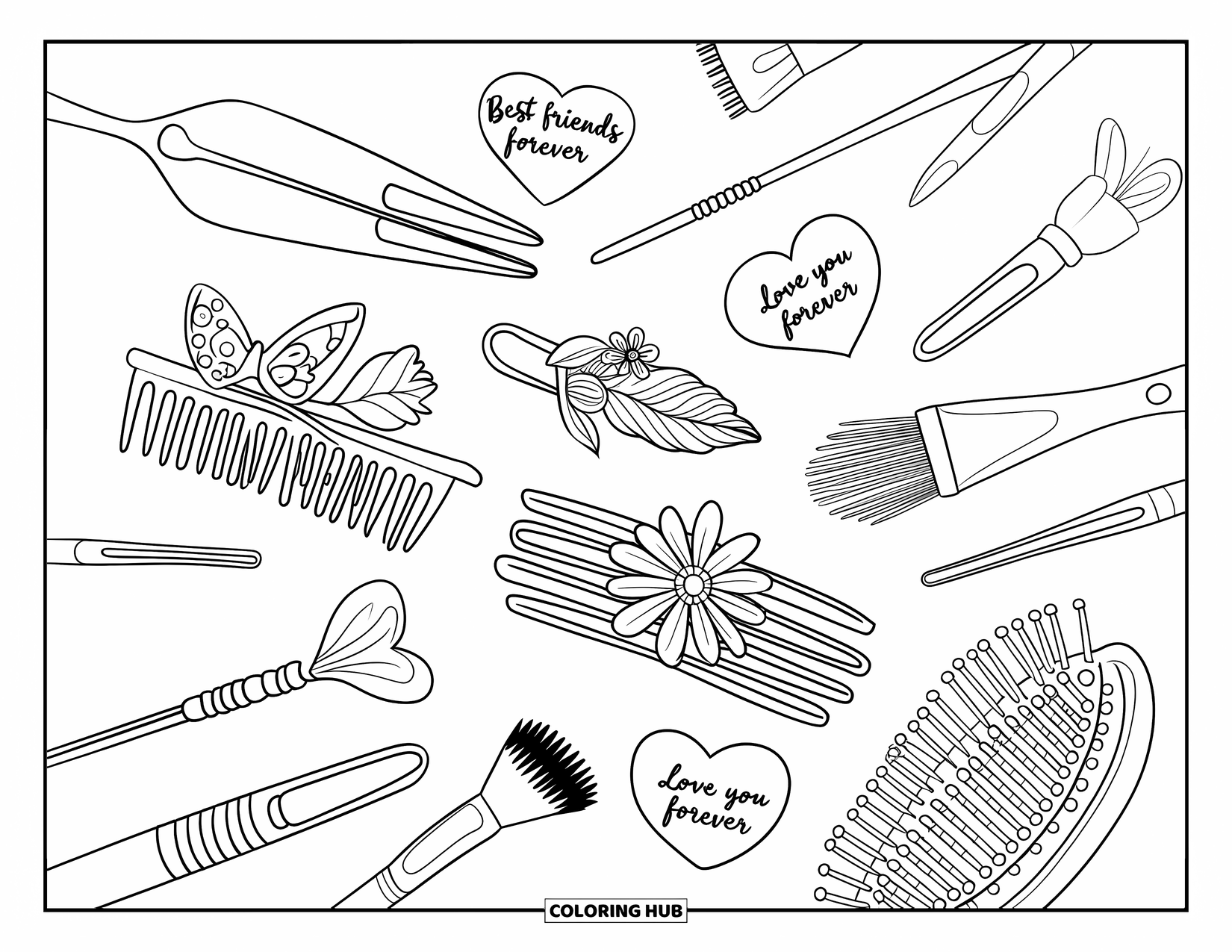Desen de colorat Coquette pentru adulți: Agrafe florale, pensule și ace cu inimă cu mesaje mici și dulci