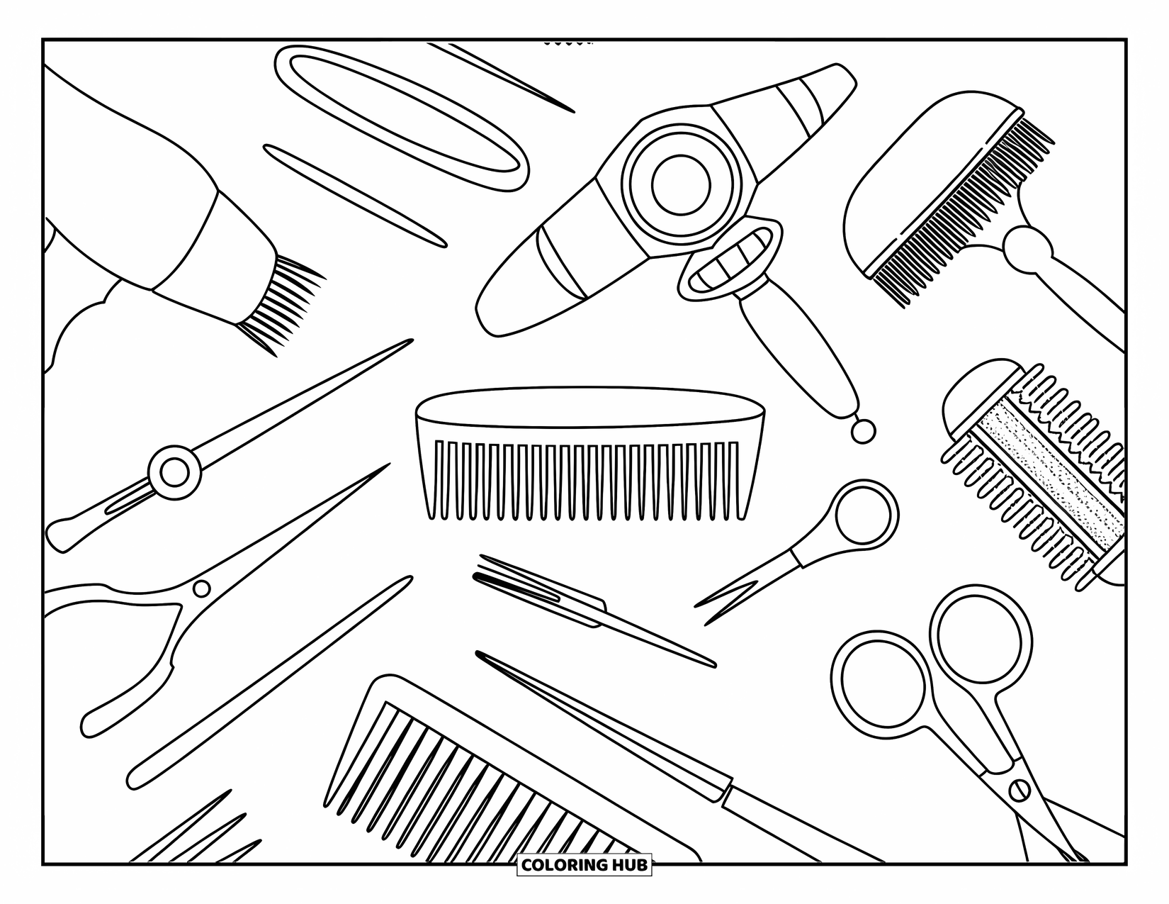 Desen de colorat Coquette pentru adulți: Unelte și accesorii pentru păr aranjate îngrijit, cu o vibrație jucăușă și simplă
