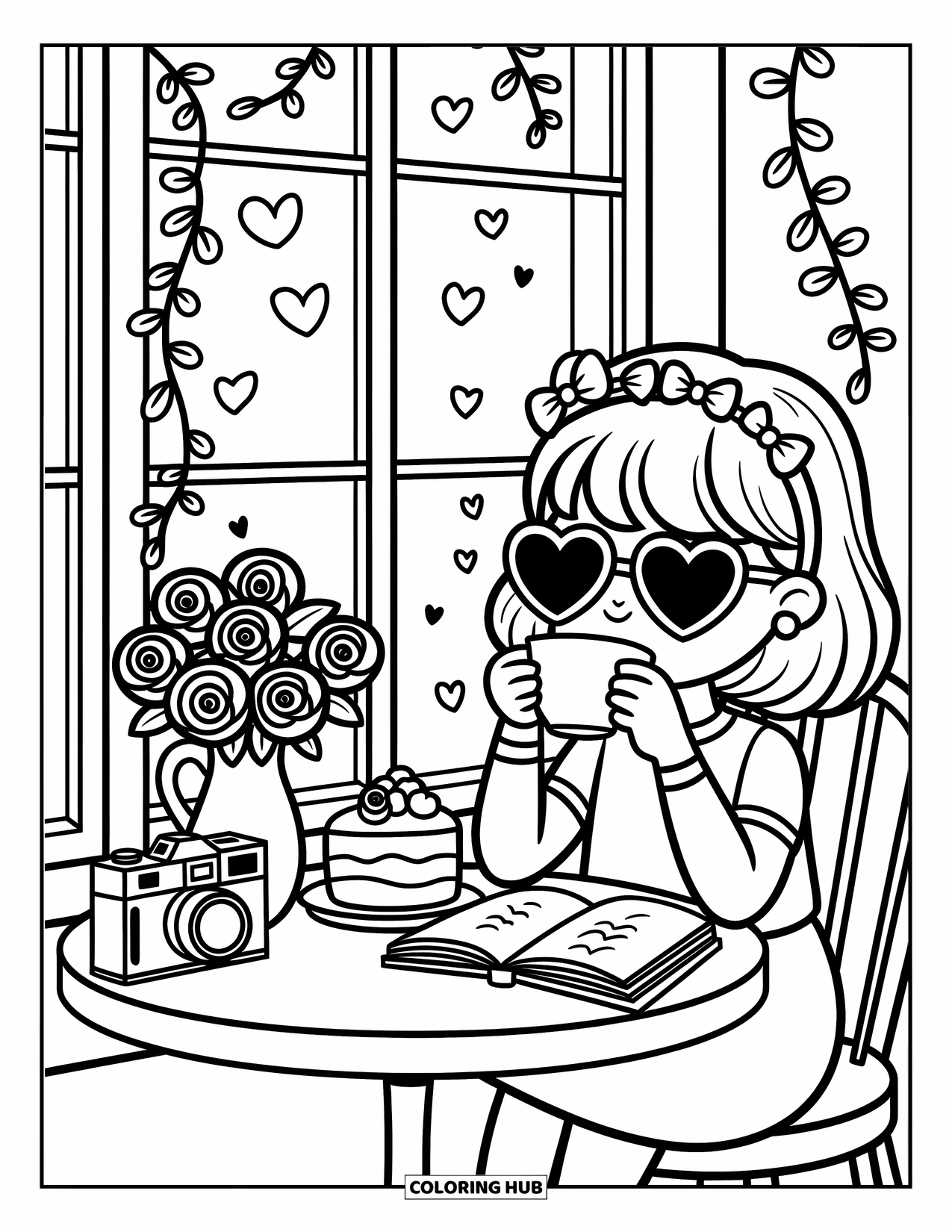 Desen de colorat Coquette pentru adulți: Sorbind ceai cu prăjituri și trandafiri, ea se relaxează într-un loc dulce la fereastră