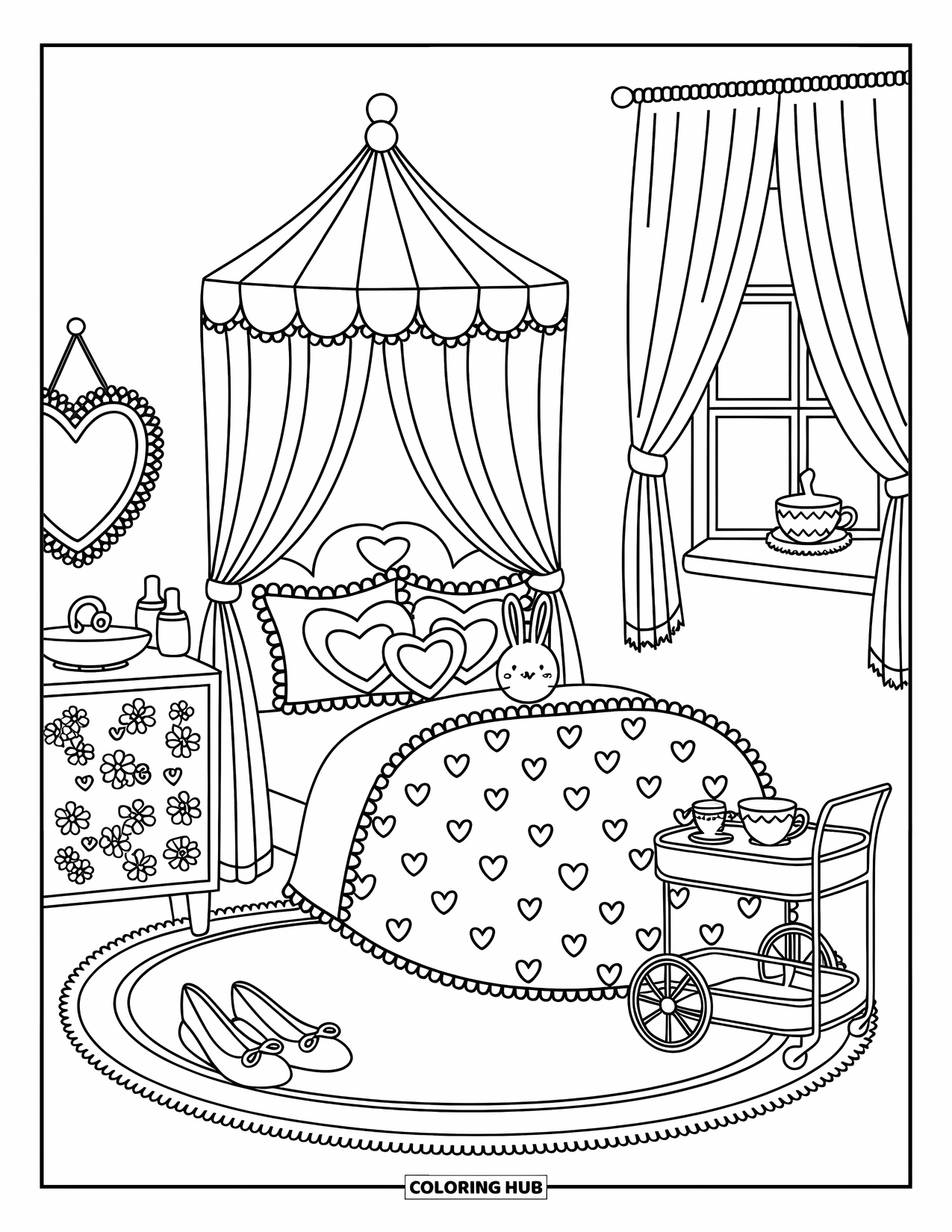 Desen de colorat Coquette pentru adulți: Pături moi și ceai dulce fac din acest dormitor cu tematică inimă un confort pur