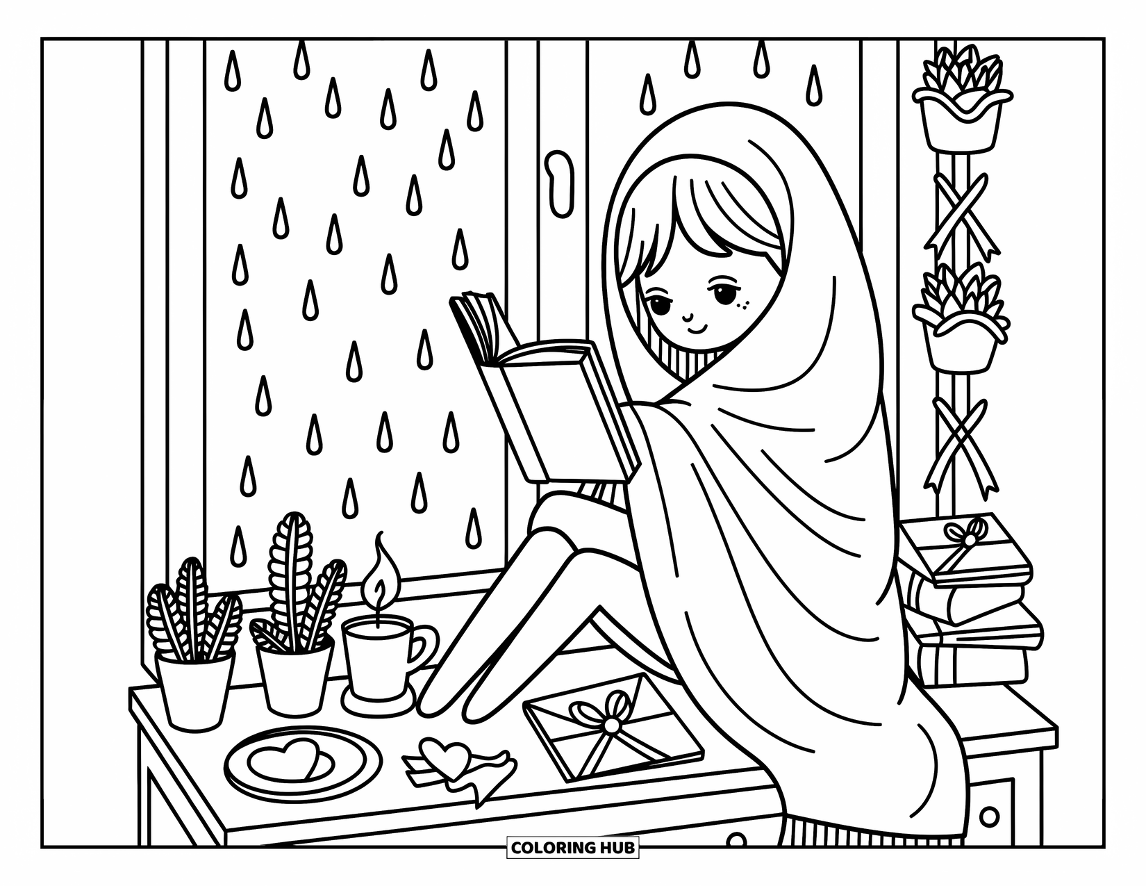 Desen de colorat Coquette pentru adulți: Ceai, biscuiți și plante în ghivece înconjoară o fată care citește în colțul ei confortabil