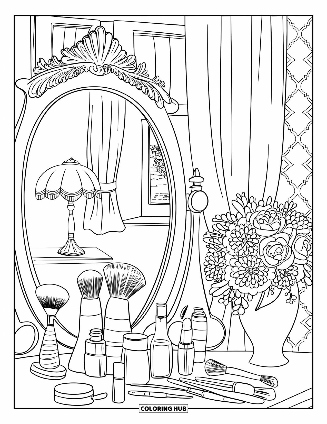 Desen de colorat Coquette pentru adulți: Sticle vintage și flori se reflectă într-o oglindă de la fereastră