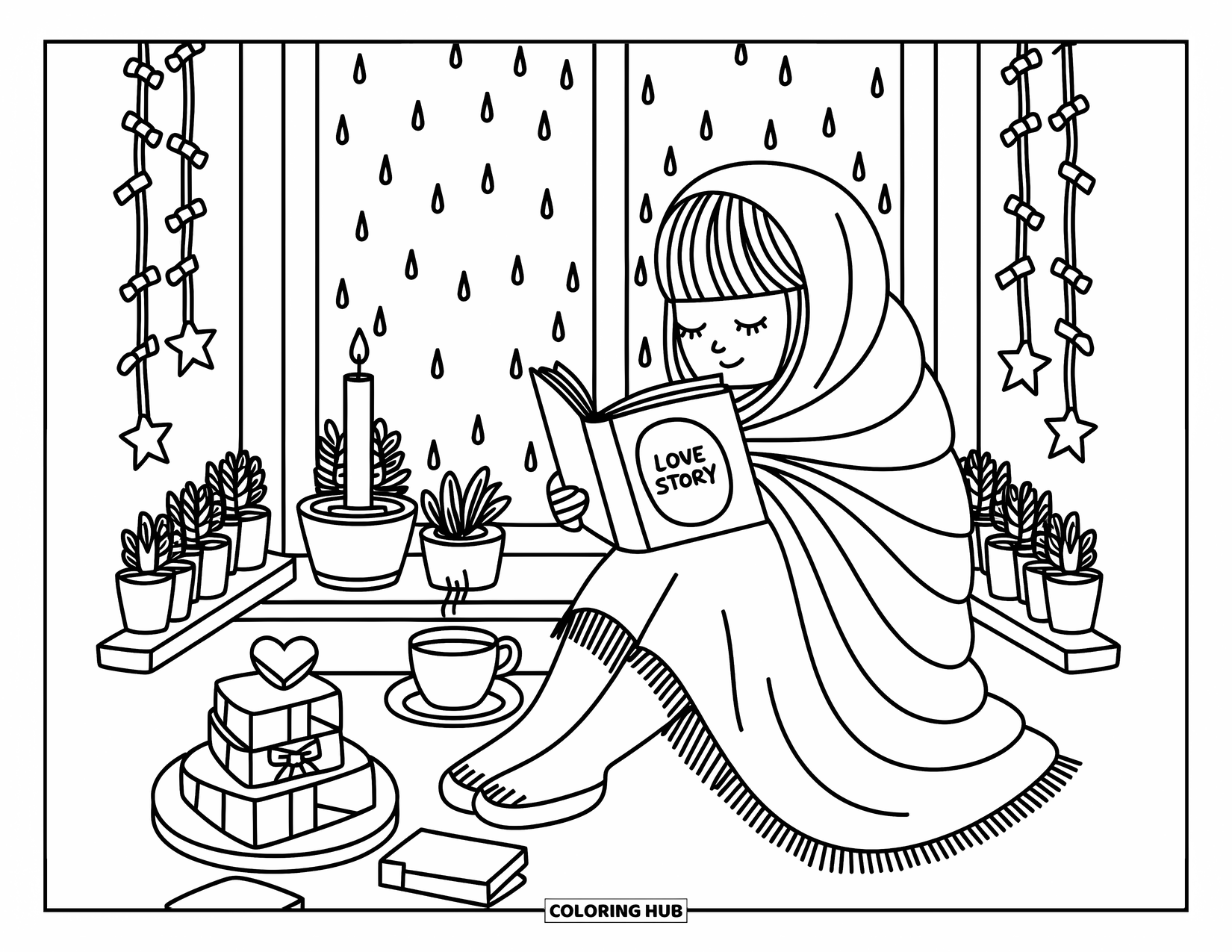 Desen de colorat Coquette pentru adulți: Înfășurată într-un șal, o fată citește cu ceai și plante lângă o fereastră ploioasă