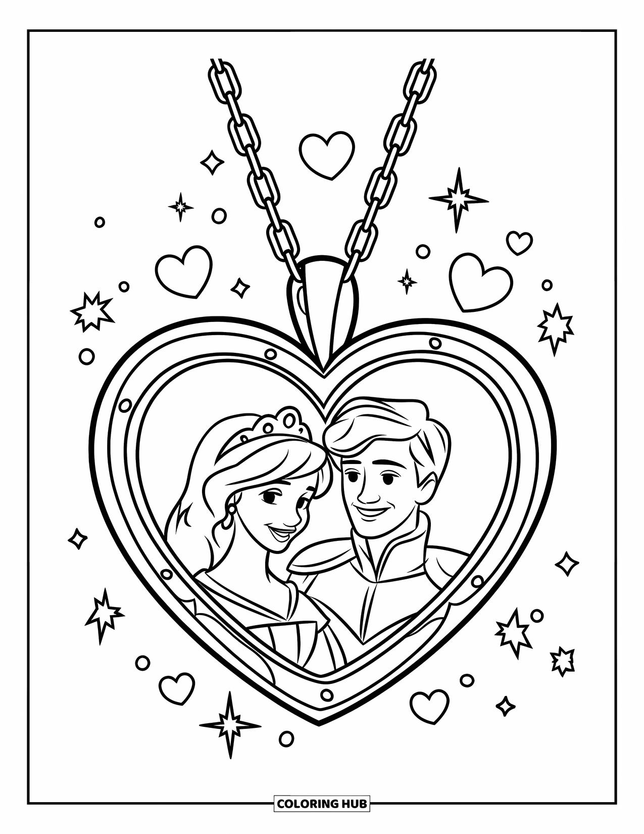 Desen de colorat Coquette pentru copii: Un medalion mare în formă de inimă arată un prinț și o prințesă înconjurați de stele și inimi