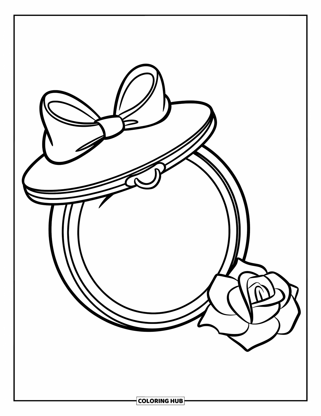 Desen de colorat Coquette pentru copii: O oglindă compactă cu o fundă și o față fericită lângă un trandafir