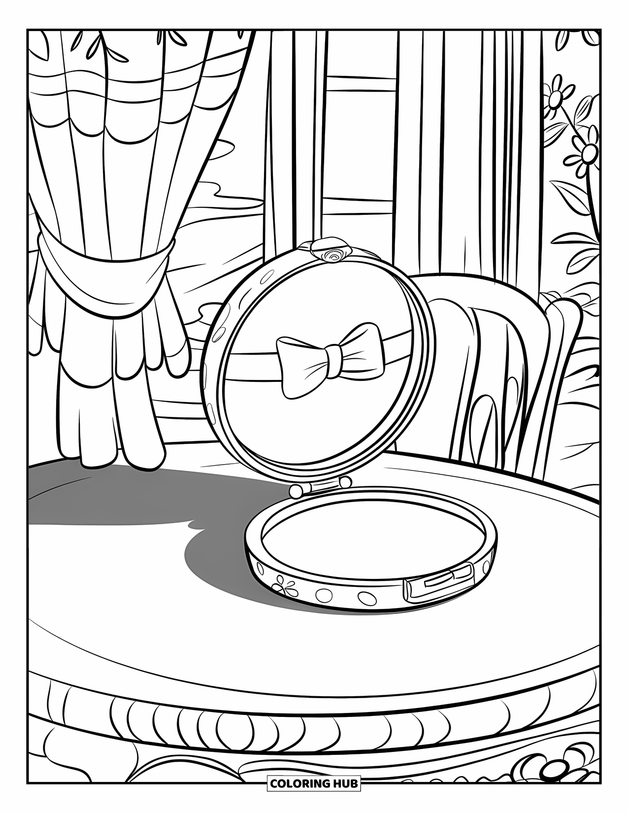 Desen de colorat Coquette pentru copii: O oglindă compactă cu o fundă se află într-o cameră confortabilă cu o fereastră