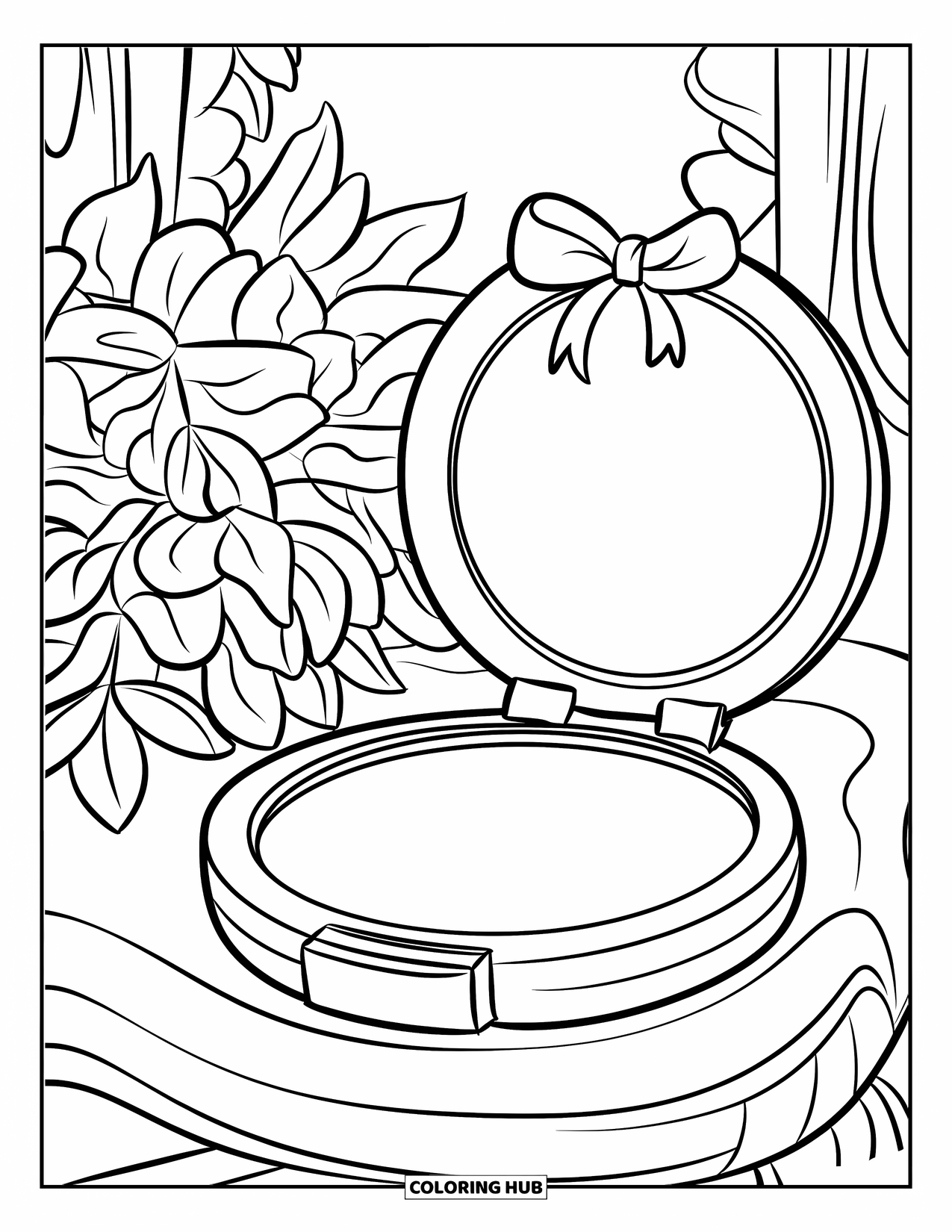 Desen de colorat Coquette pentru copii: O oglindă compactă cu o fundă stă lângă o plantă pe un suport de lemn