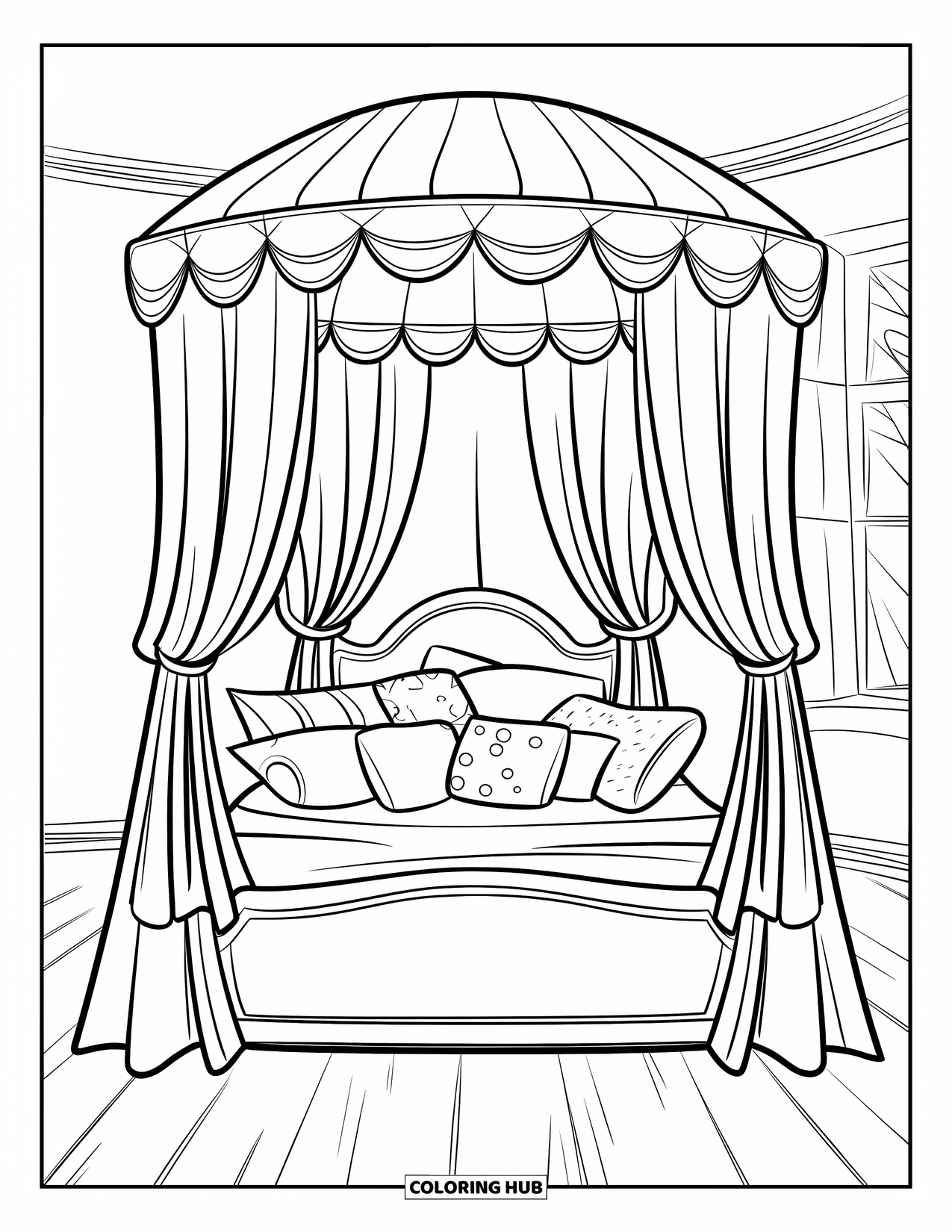 Desen de colorat Coquette pentru copii: Un pat confortabil cu baldachin cu perdele și multe perne cu modele