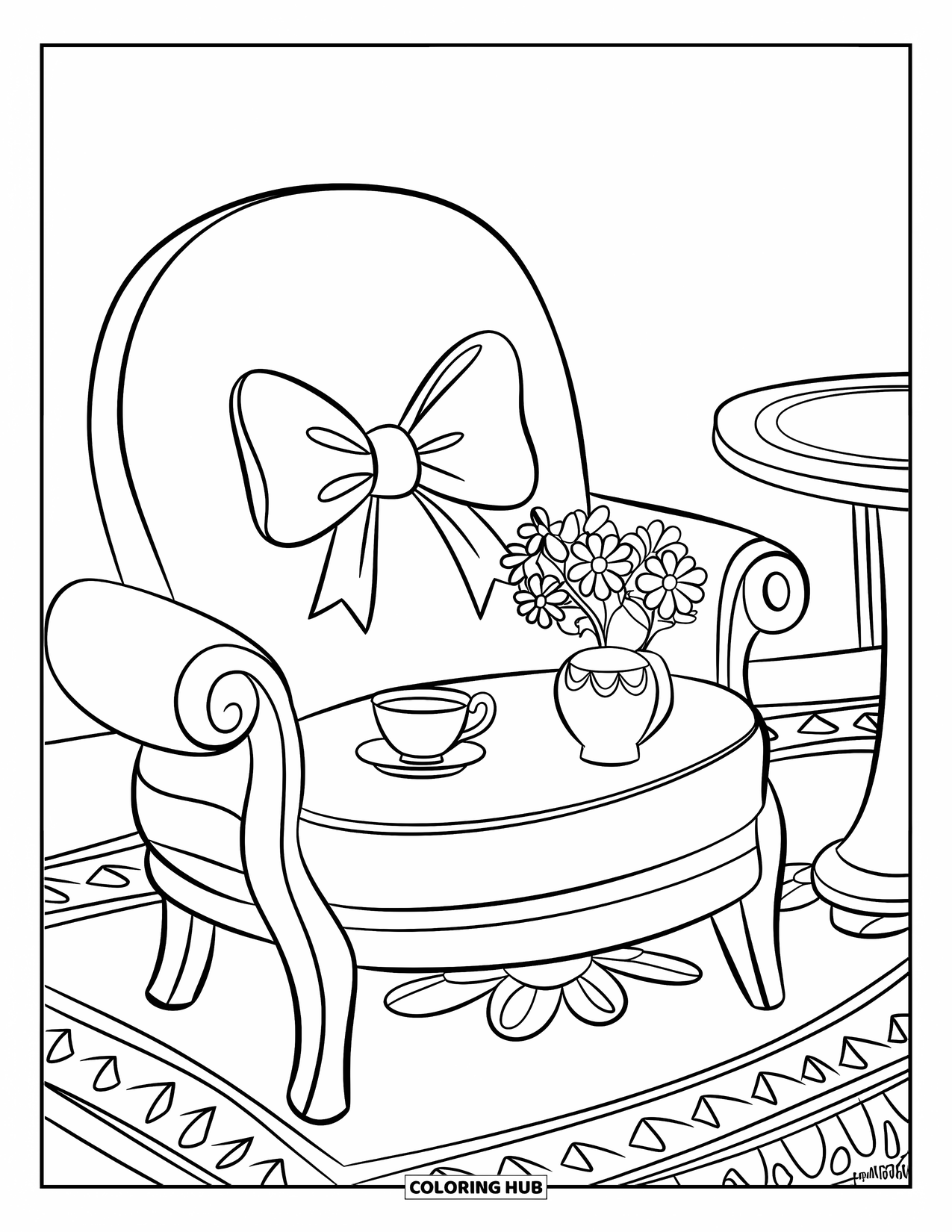 Desen de colorat Coquette pentru copii: Un scaun confortabil cu o pernă cu fundă și o ceașcă de ceai stă pe un covor cu model