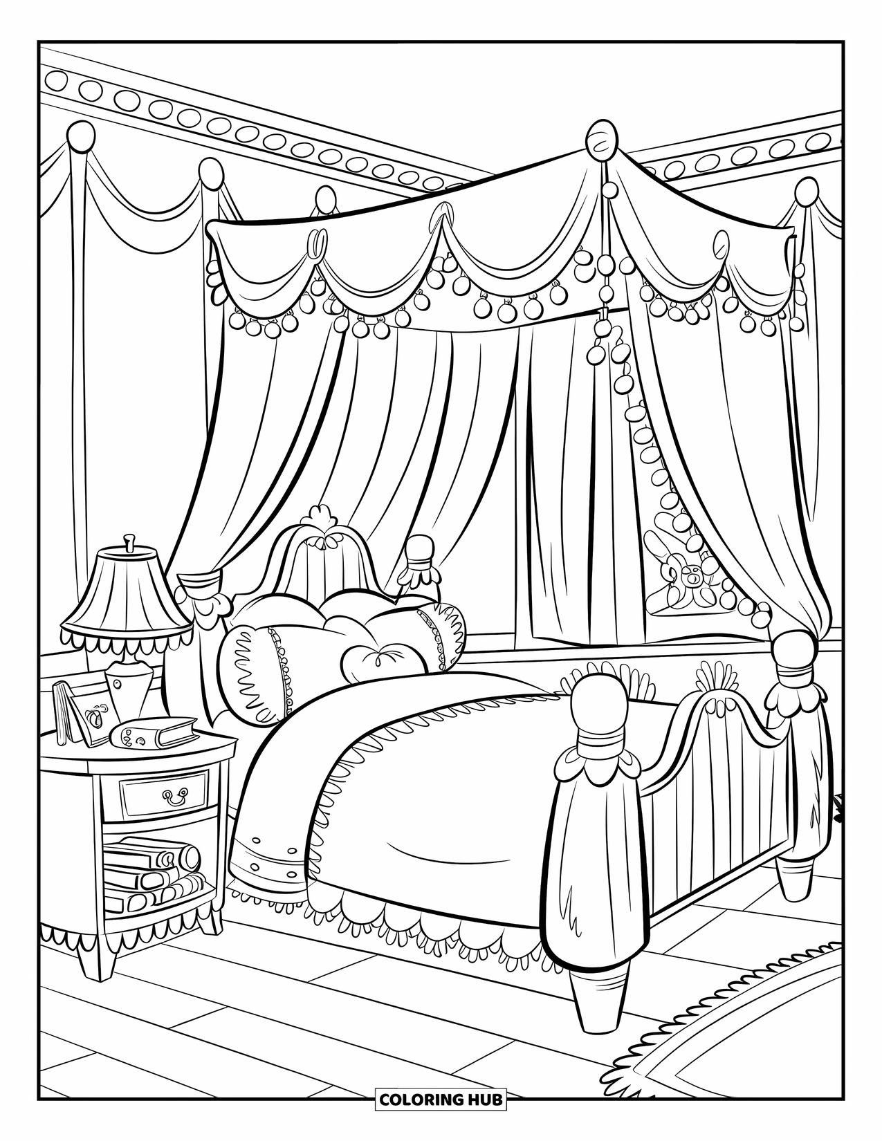 Desen de colorat Coquette pentru copii: O cameră confortabilă strălucește cu luminițe de basm deasupra unui pat de pluș și perne moi