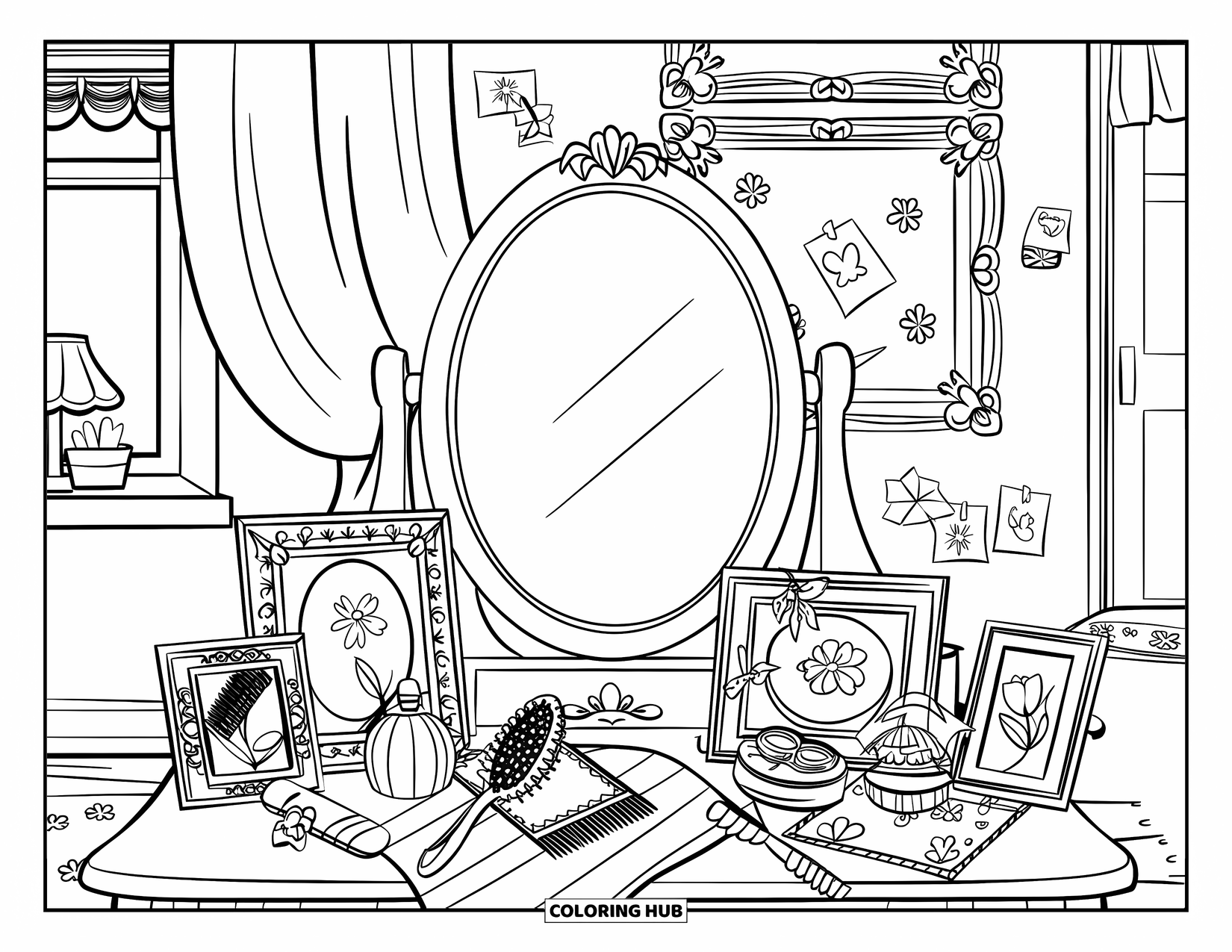 Desen de colorat Coquette pentru copii: O măsuță de toaletă confortabilă este decorată cu articole de înfrumusețare, notițe înrămate și plante