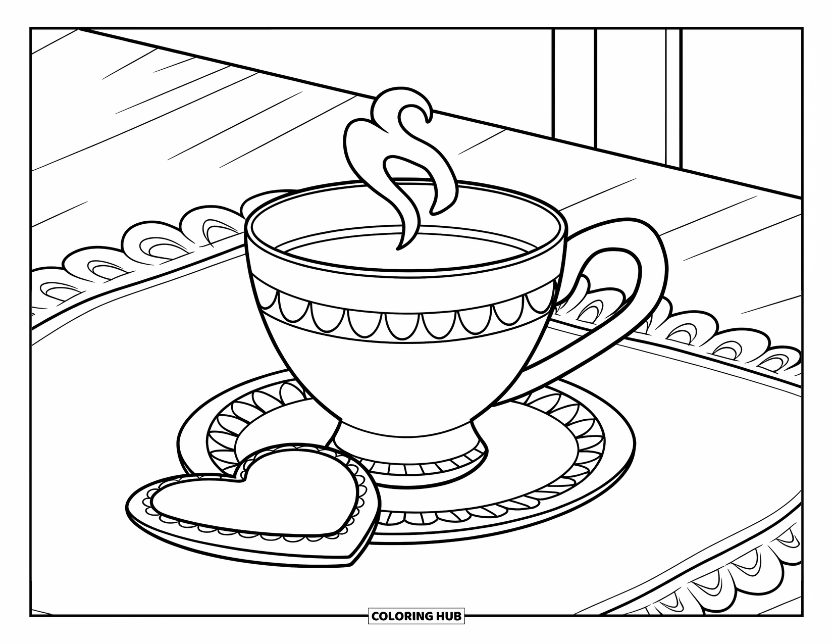 Desen de colorat Coquette pentru copii: O ceașcă drăguță cu abur de inimă și un cookie pe o masă de lemn