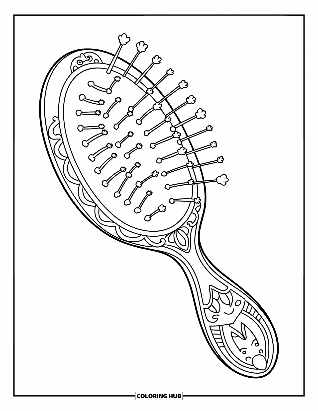 Desen de colorat Coquette pentru copii: O perie de păr cu față zâmbitoare, cu sculpturi din lemn și peri moi