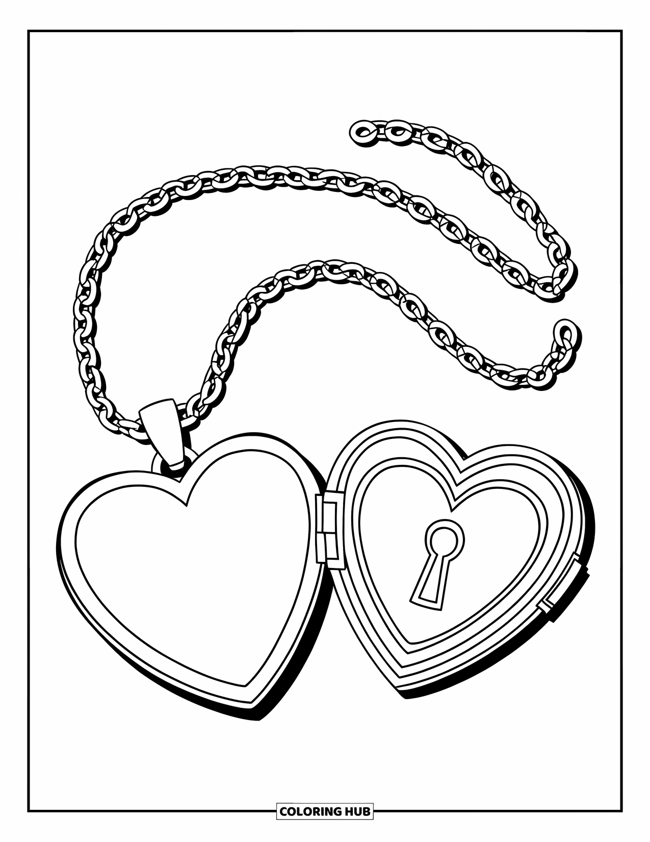 Desen de colorat Coquette pentru copii: Un medalion inimă cu o gaură de cheie atârnă de un lanț lung și simplu