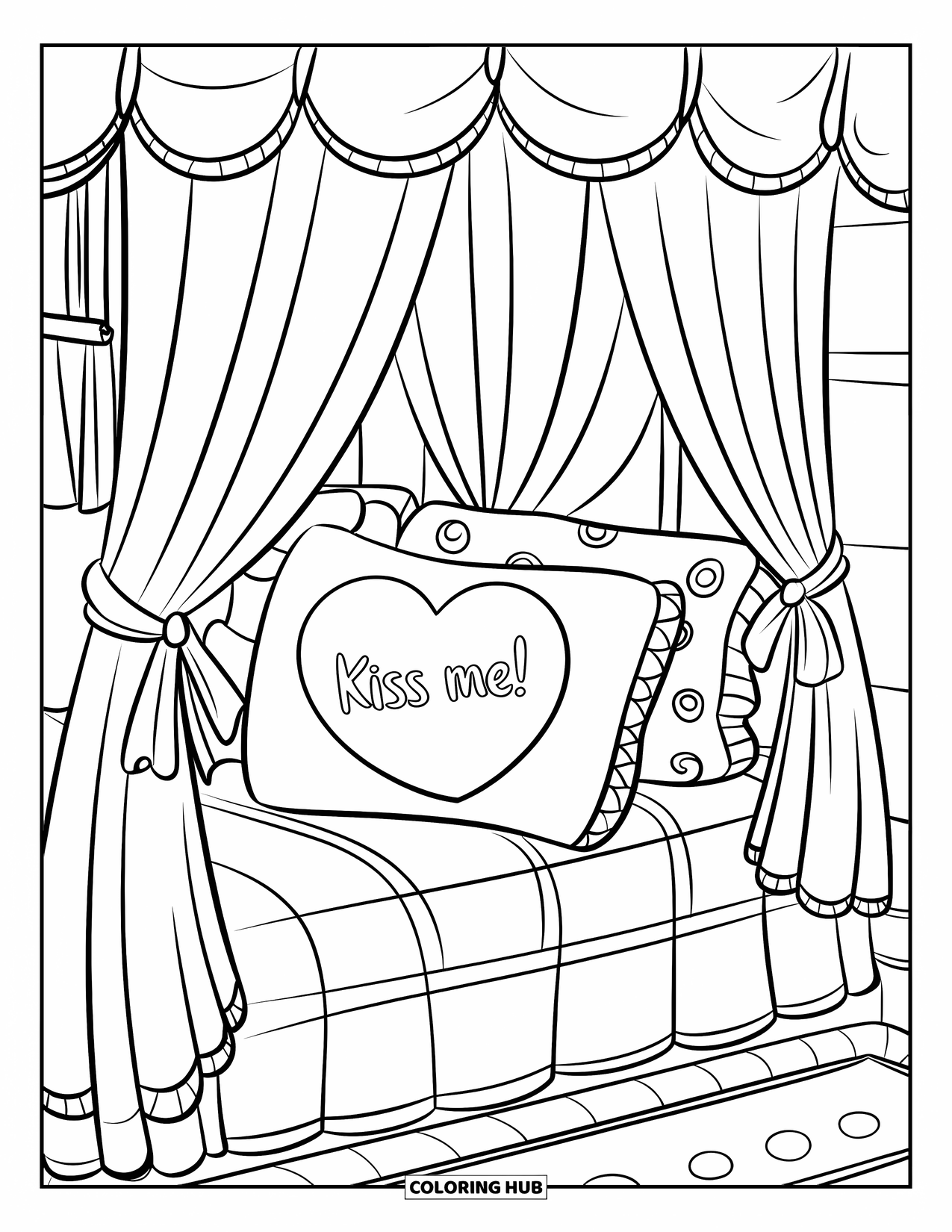 Desen de colorat Coquette pentru copii: O pernă în formă de inimă pe care scrie „Kiss me!” stă pe un pat moale, cu perdele legate