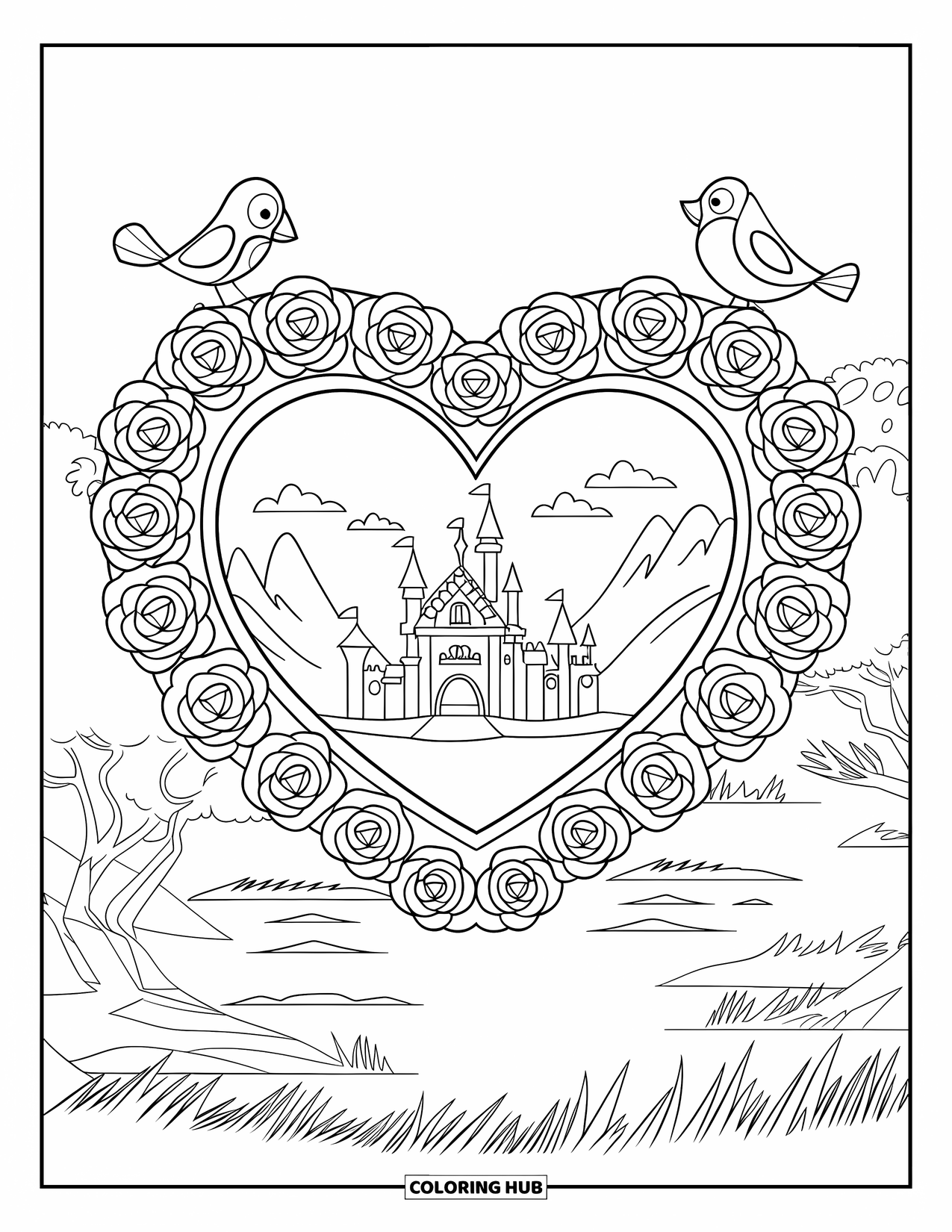 Desen de colorat Coquette pentru copii: O ramă în formă de inimă cu trandafiri ține o imagine a unui castel într-o vedere de vis