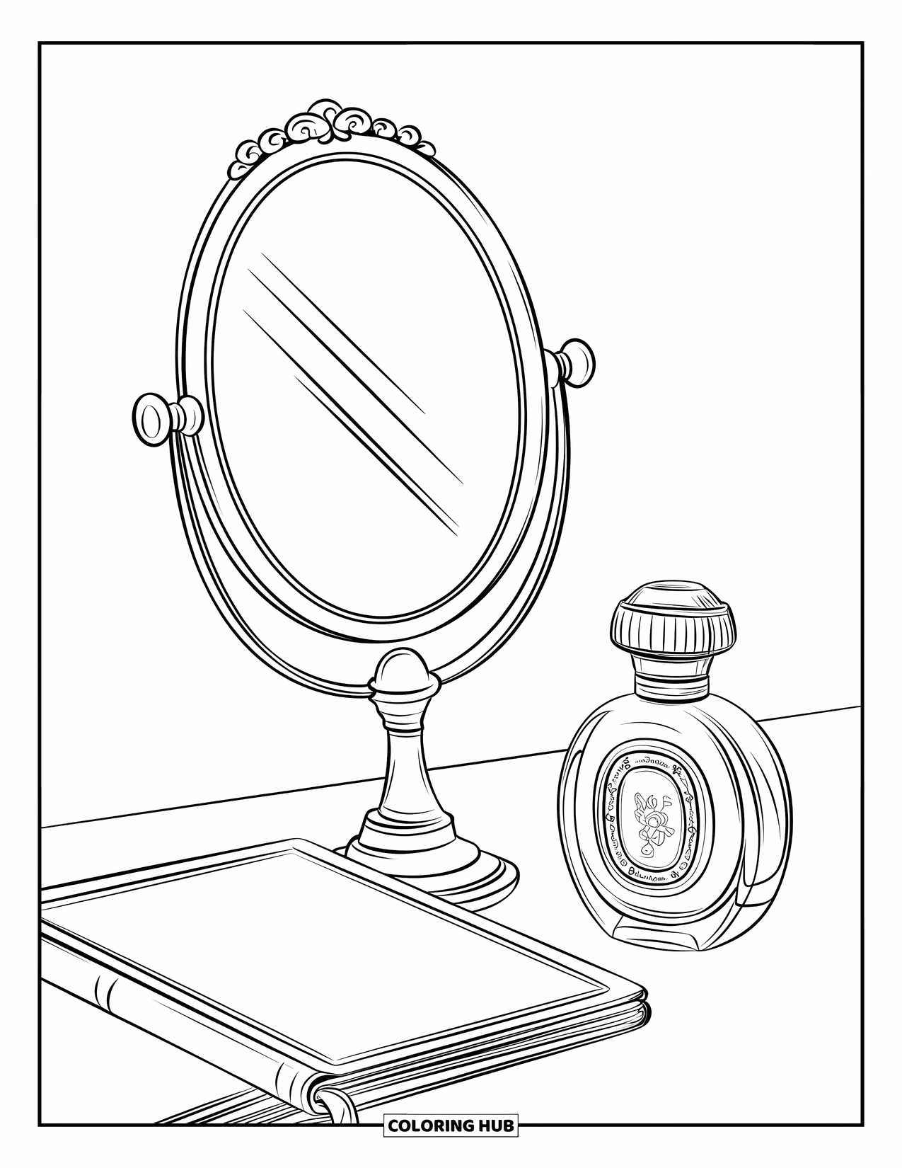 Desen de colorat Coquette pentru copii: O oglindă reflectă o sticlă de parfum lângă un jurnal mic și liniștit