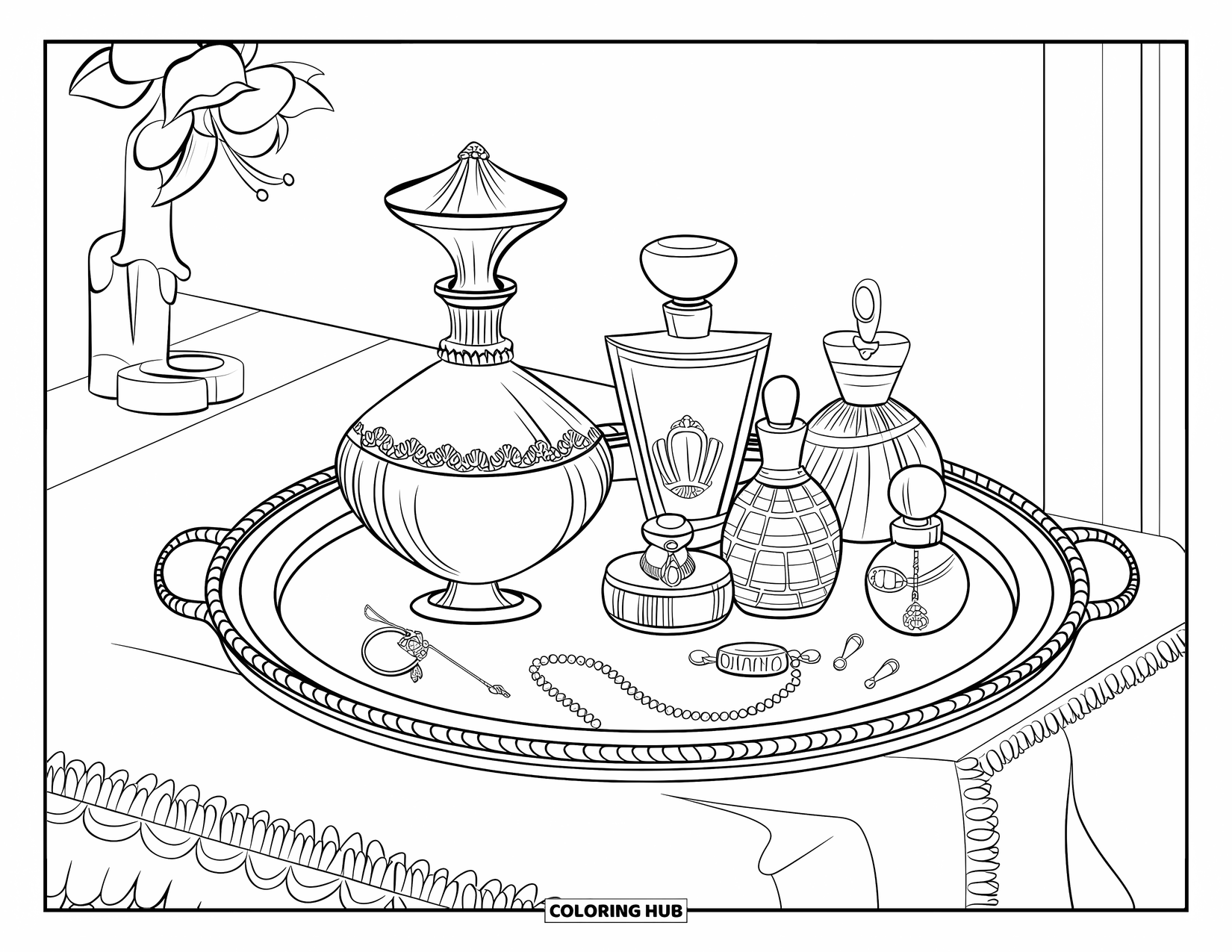 Desen de colorat Coquette pentru copii: O tavă cu oglindă afișează sticle de parfum și accesorii delicate pe o masă acoperită cu dantelă