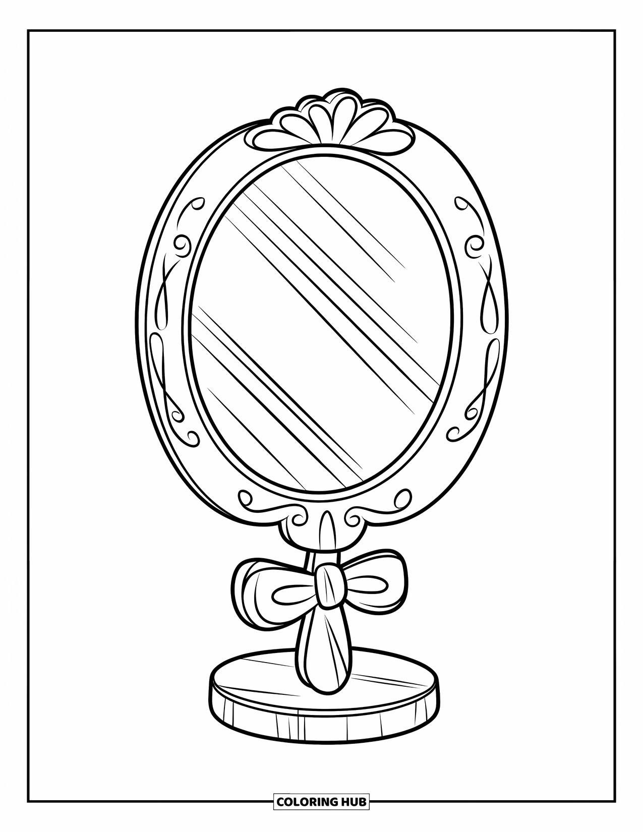 Desen de colorat Coquette pentru copii: O oglindă cu un mâner sculptat și o fundă se sprijină ușor pe un suport de lemn