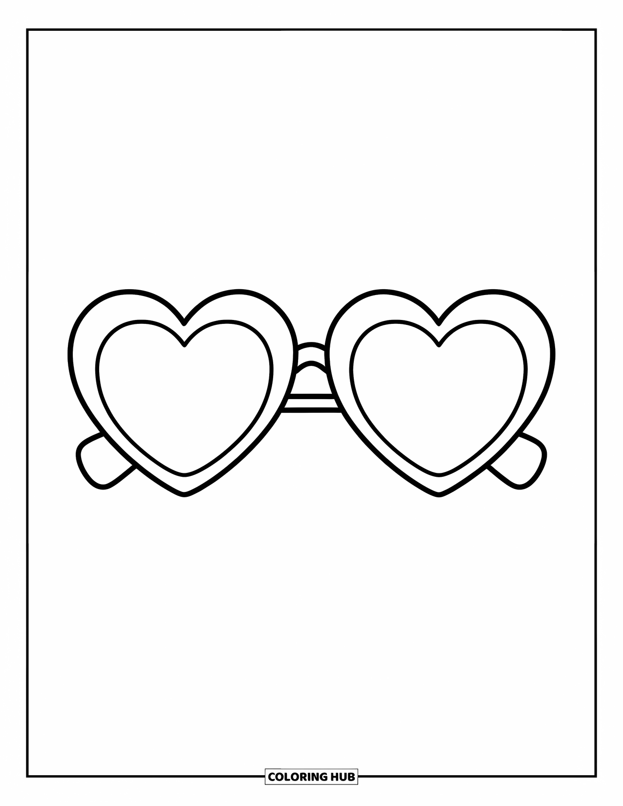Desen de colorat Coquette pentru copii: O pereche de ochelari de soare în formă de inimă, cu un aspect vesel și distractiv