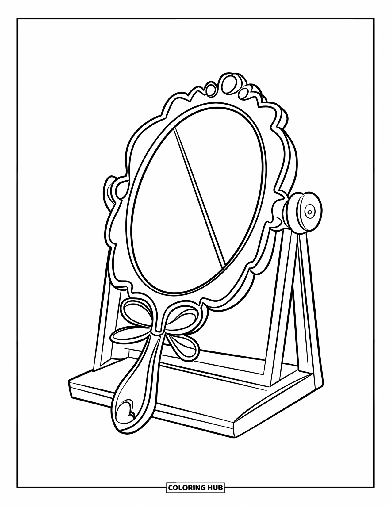 Desen de colorat Coquette pentru copii: O oglindă drăguță cu un mâner cu fundă stă liniștit pe un suport, gata de admirat