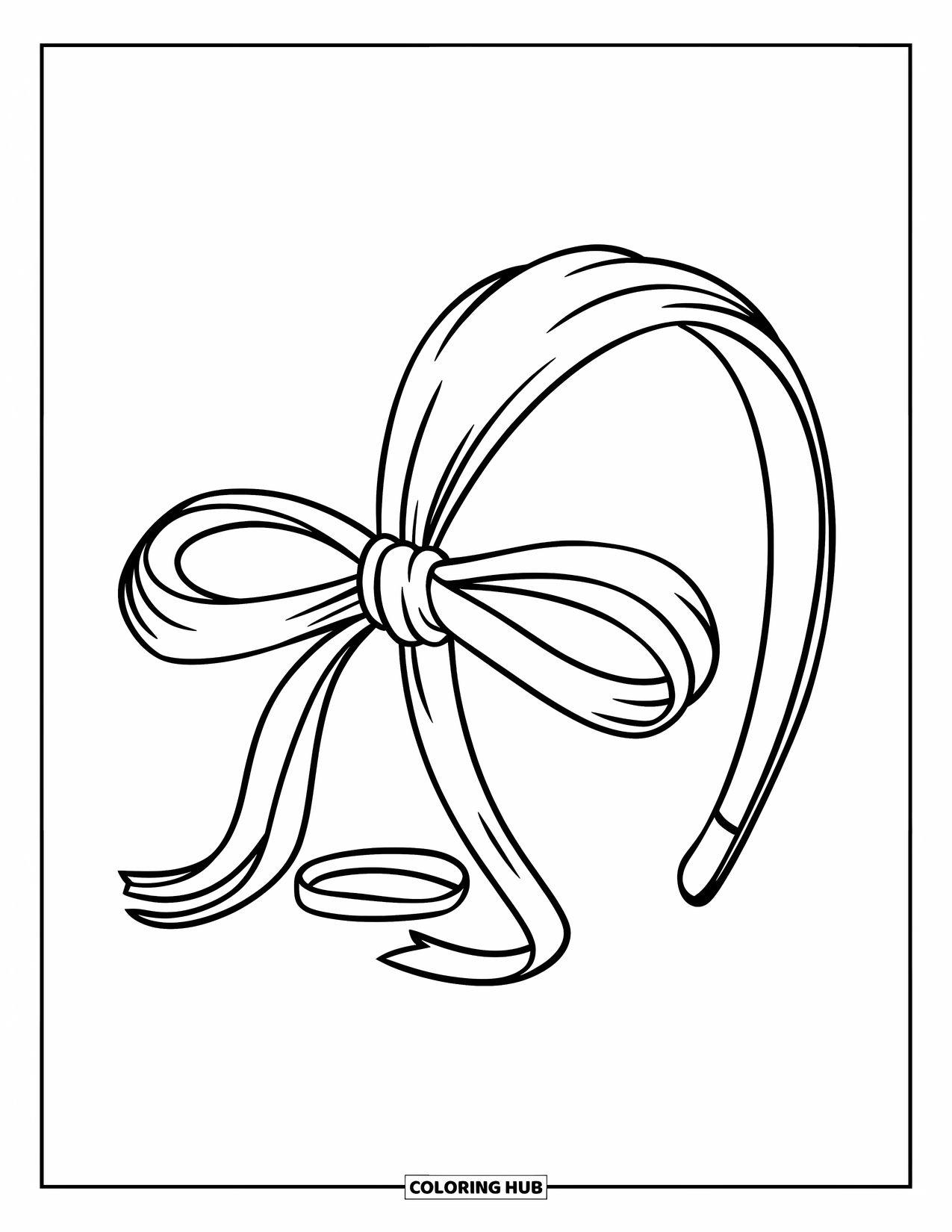 Desen de colorat Coquette pentru copii: O bentiță drăguță cu fundă stă ușor pe o parte a capului