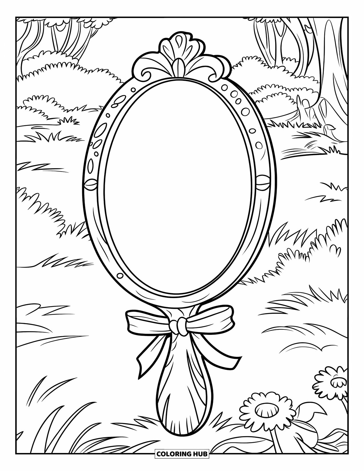 Desen de colorat Coquette pentru copii: O oglindă înfășurată cu panglică stă într-o pădure cu flori plină de copaci și liniște