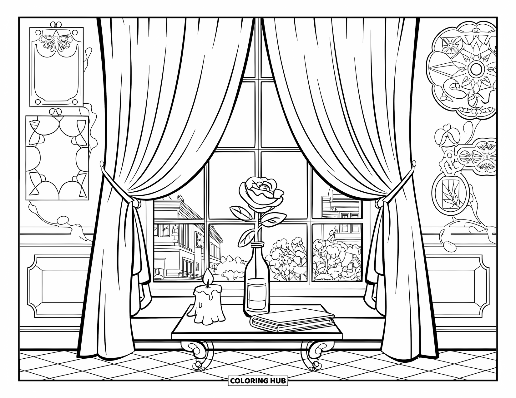 Desen de colorat Coquette pentru copii: Un trandafir stă pe o masă sub perdele moi, cu artă și o lumânare în apropiere