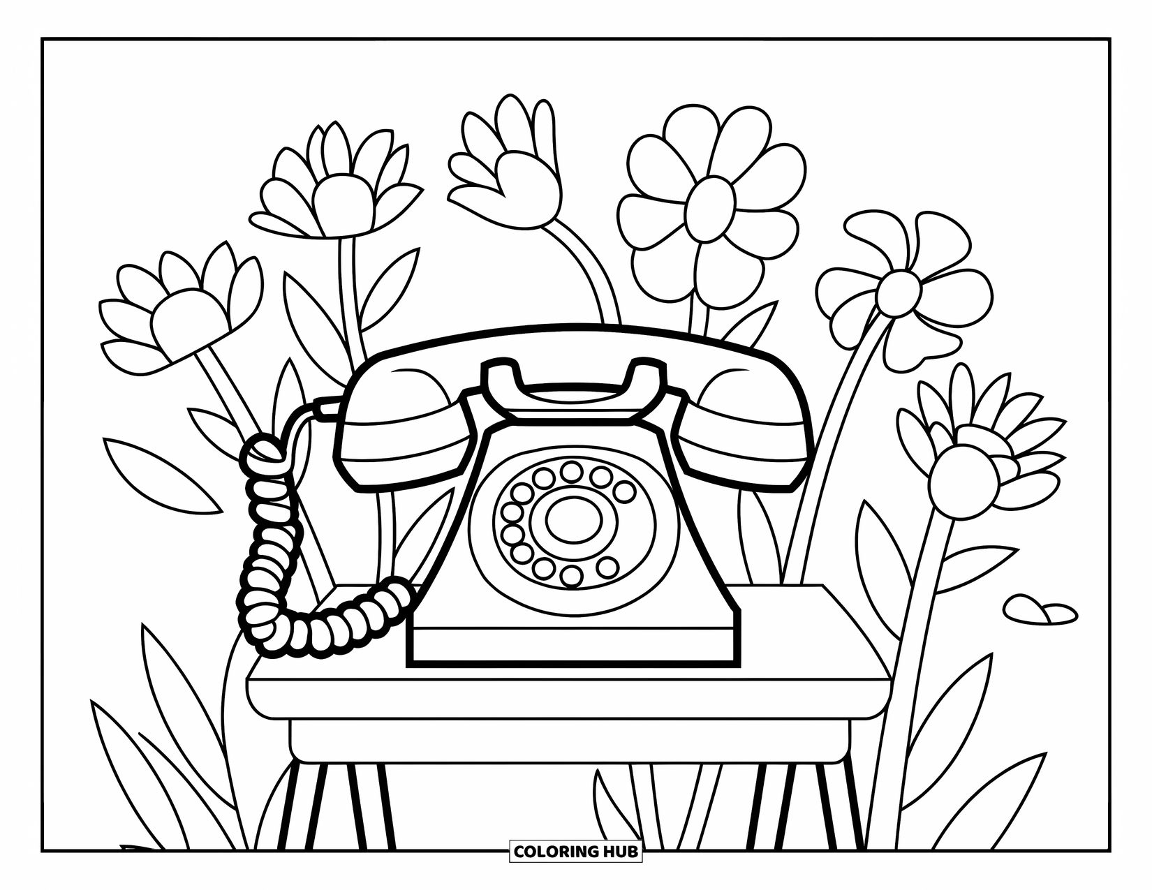 Desen de colorat Coquette pentru copii: Un telefon rotativ stă pe o măsuță cu flori într-o scenă distractivă și detaliată