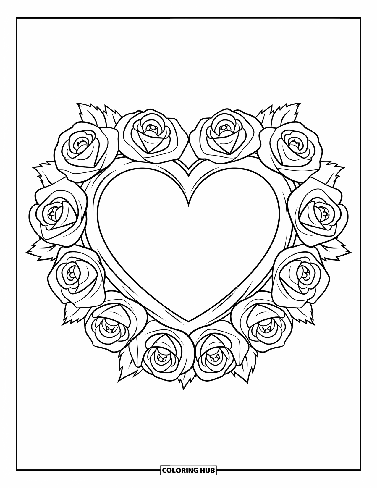 Desen de colorat Coquette pentru copii: O bordură de trandafiri cu margini ascuțite înconjoară o ramă foto în formă de inimă pe alb
