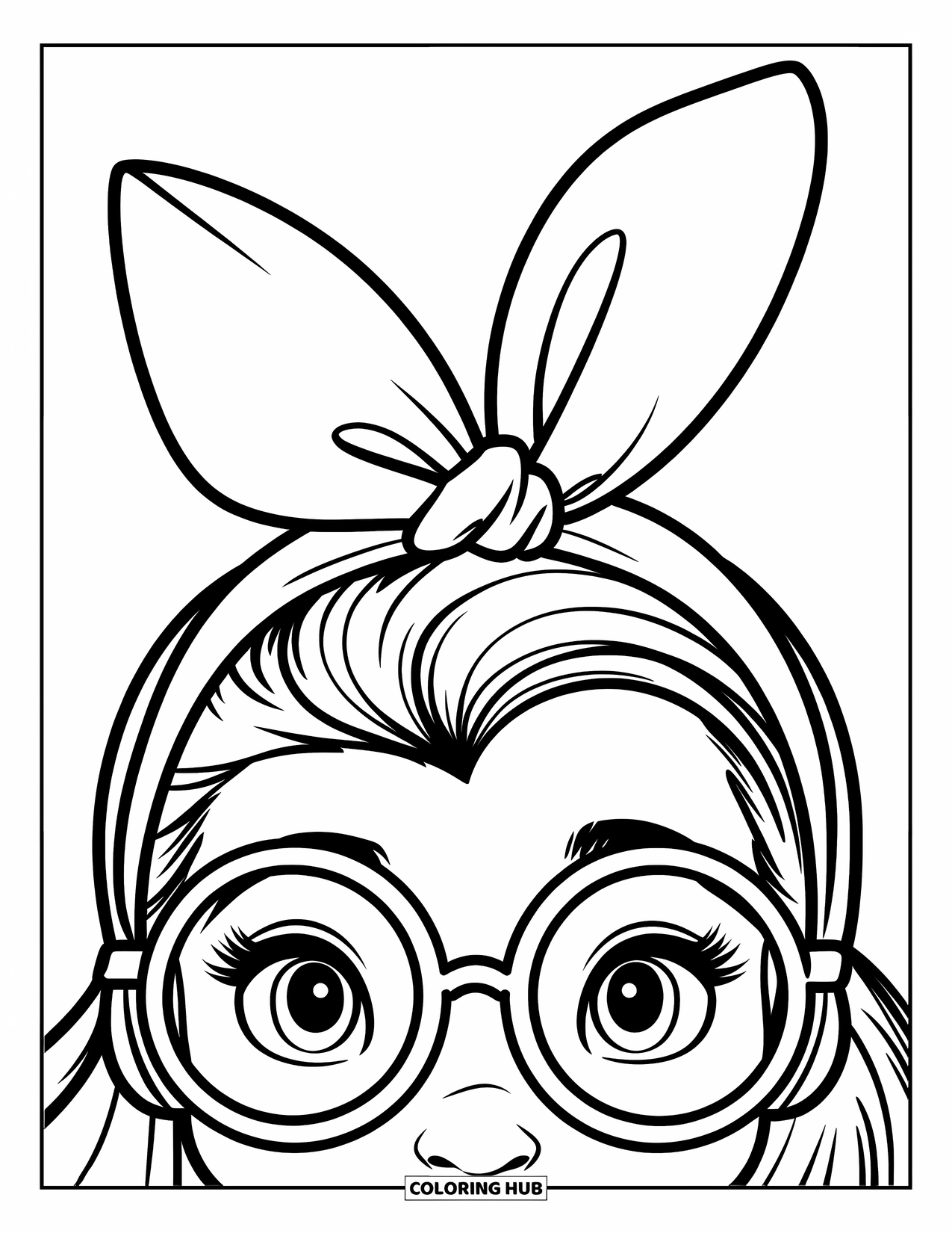 Desen de colorat Coquette pentru copii: Un personaj zâmbitor cu ochelari poartă o bentiță cu fundă mare