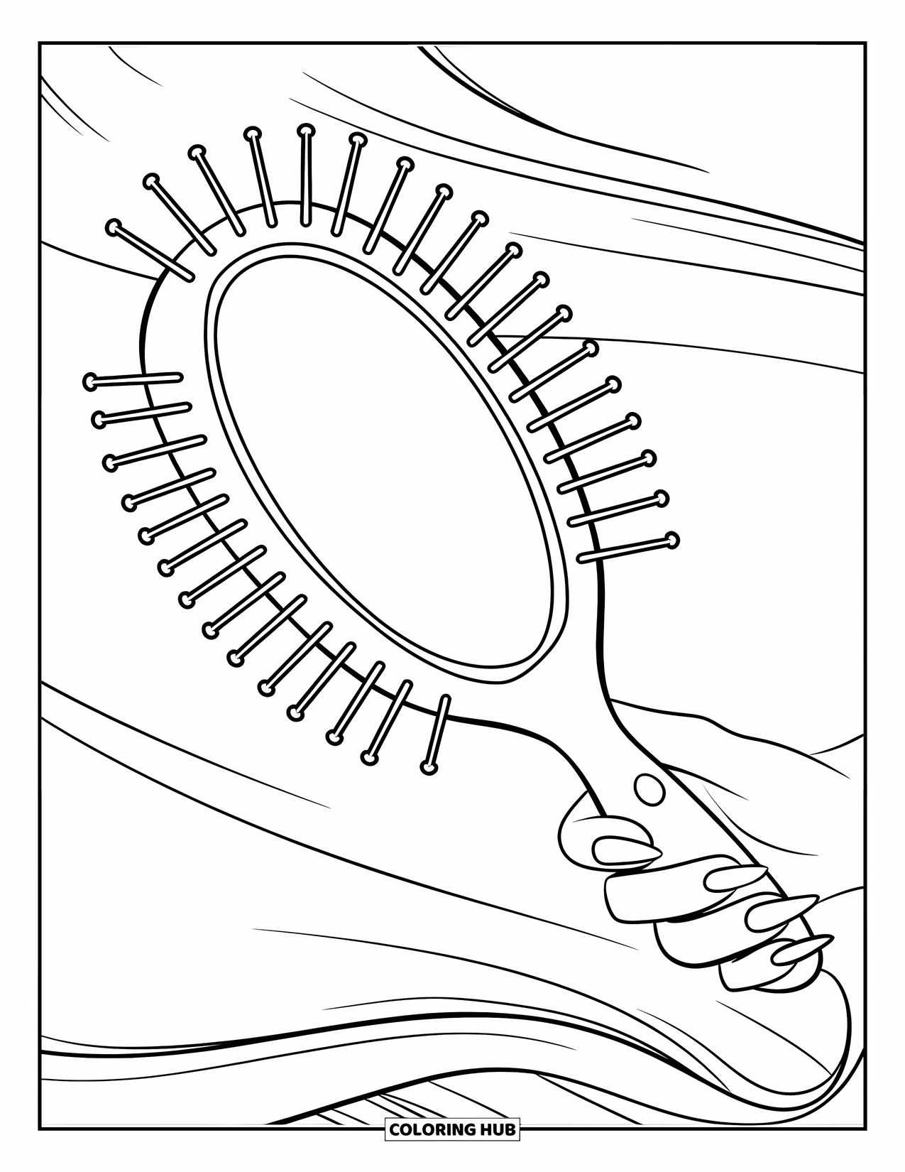 Desen de colorat Coquette pentru copii: O perie de păr moale, cu un mâner în formă de inimă și peri lustruiți