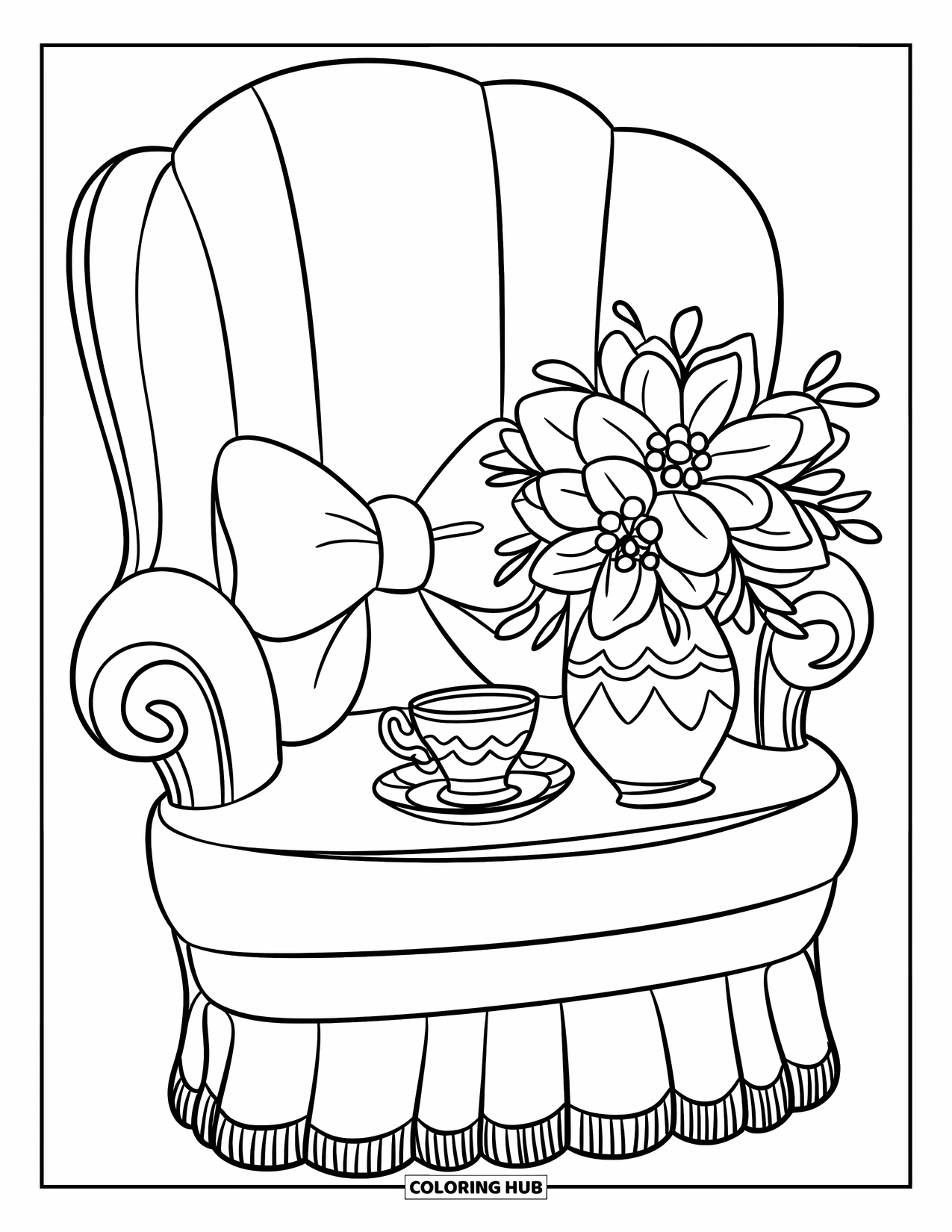 Desen de colorat Coquette pentru copii: Un șezlong moale ține o pernă cu fundă, o ceașcă de ceai și o vază cu flori