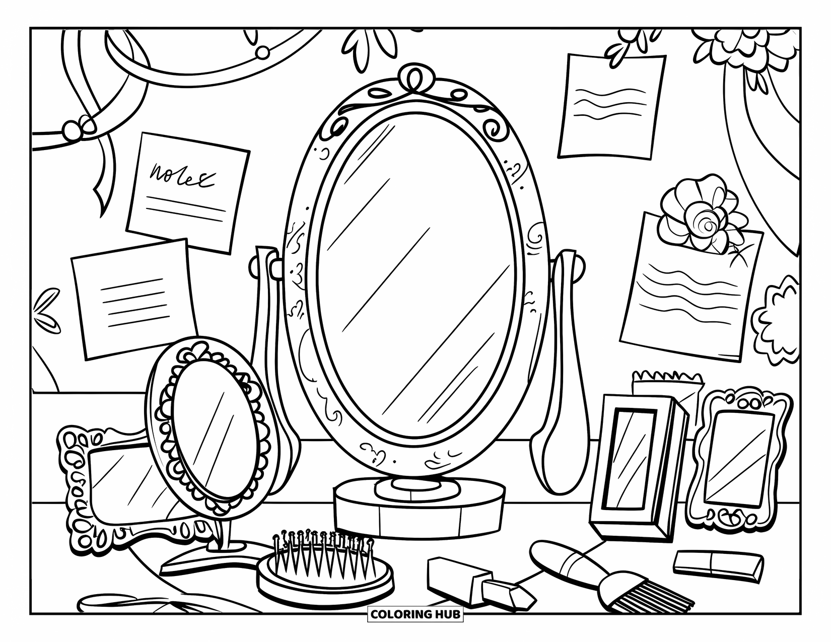 Desen de colorat Coquette pentru copii: O oglindă de toaletă stă printre fotografii înrămate, notițe și articole de înfrumusețare drăguțe