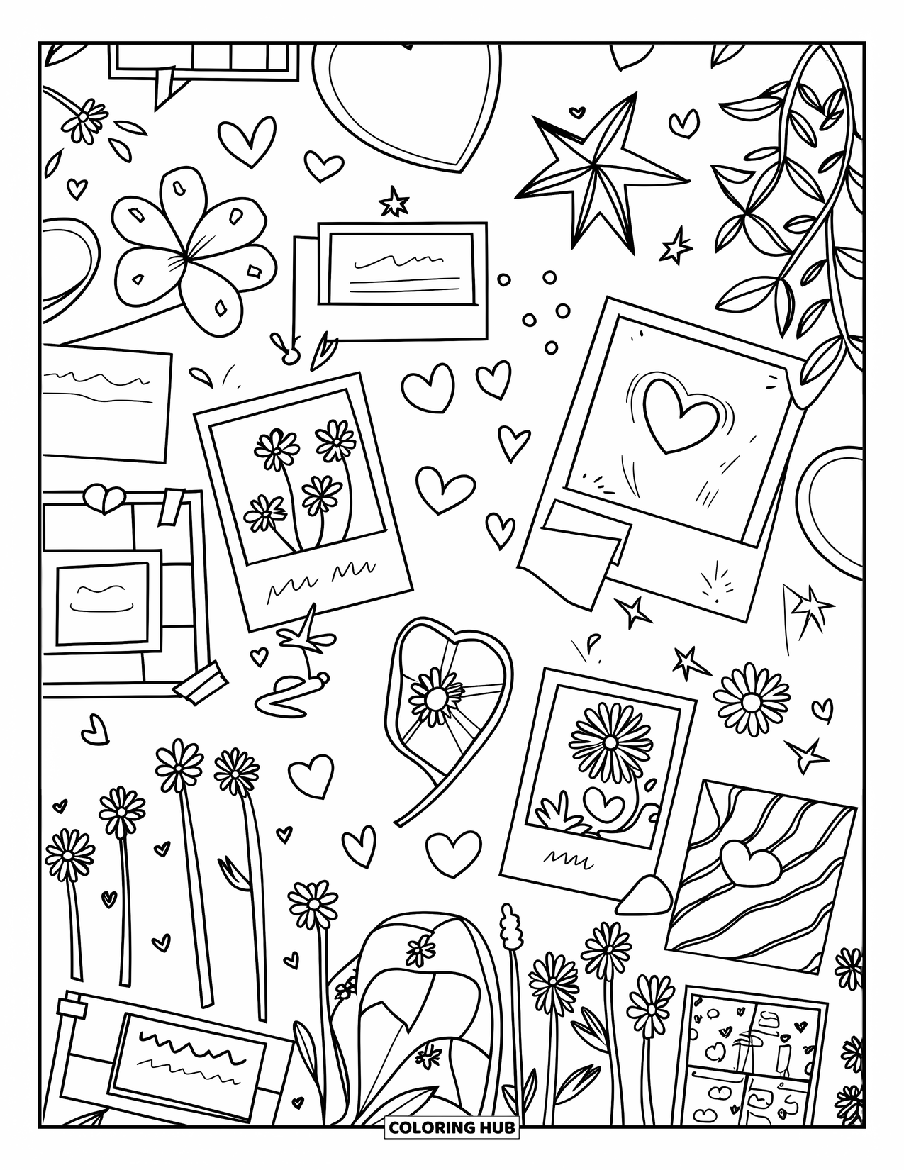 Desen de colorat Coquette pentru copii: Un colaj de perete este plin de notițe drăguțe, fotografii, inimi și flori uscate