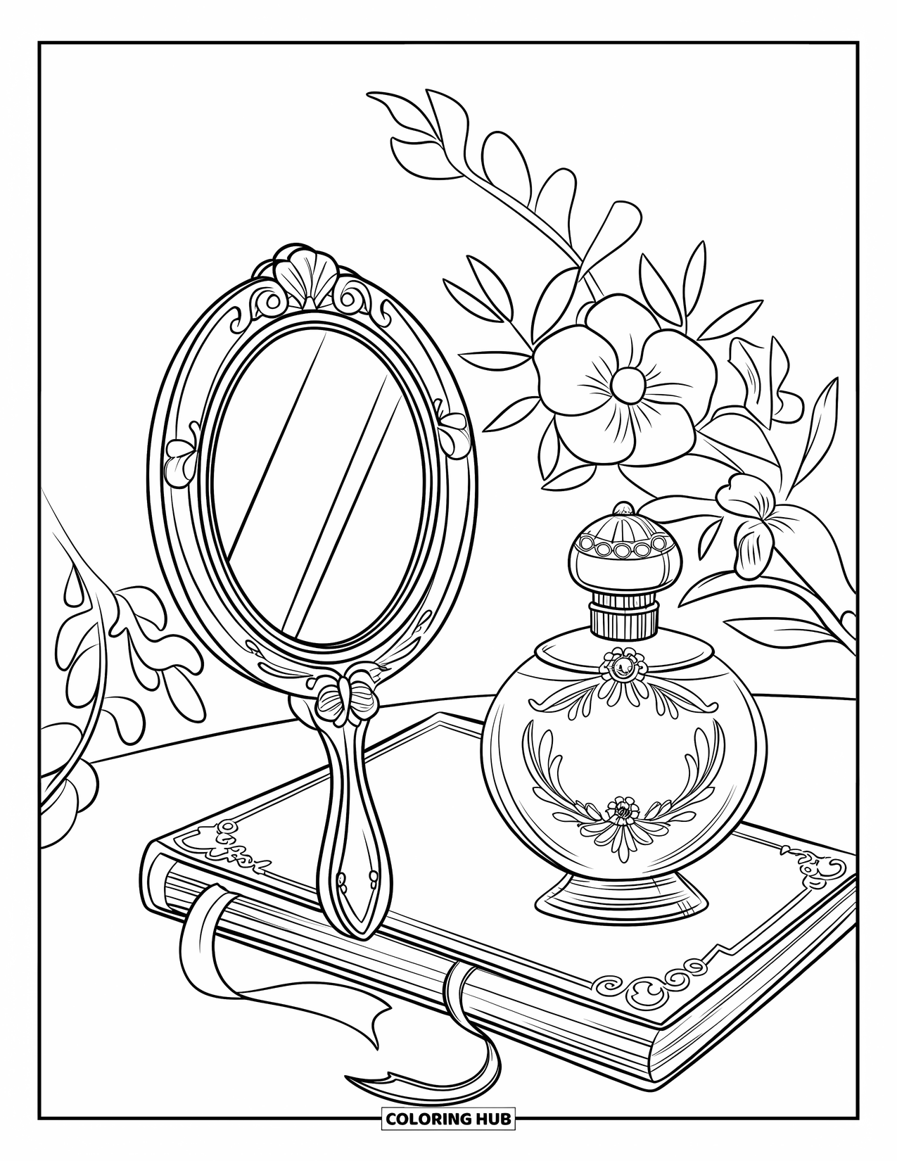 Desen de colorat Coquette pentru copii: O oglindă ornamentată, o sticlă de parfum și un jurnal se află lângă flori mici