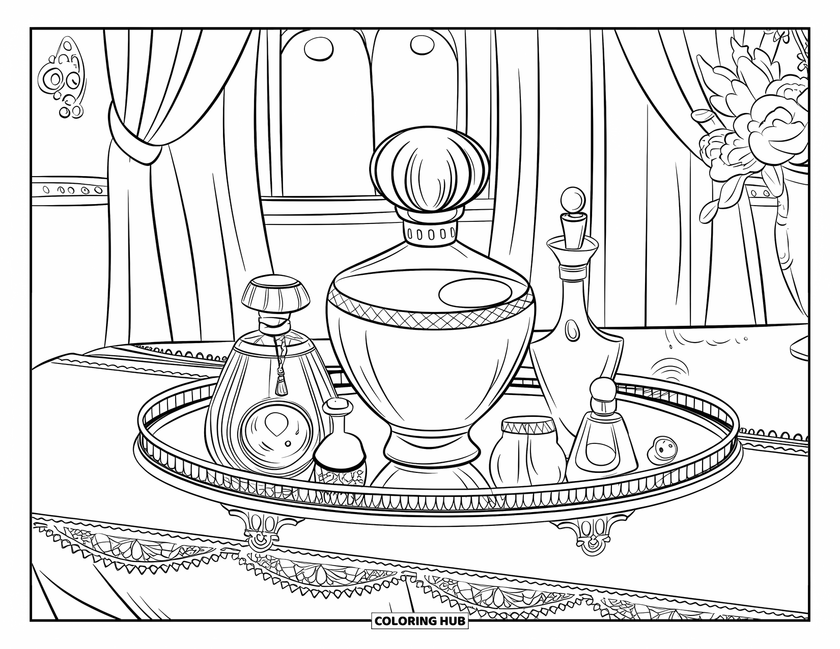 Desen de colorat Coquette pentru copii: O sticlă de parfum ornamentată stă în centrul unei tăvi pline cu nimicuri delicate
