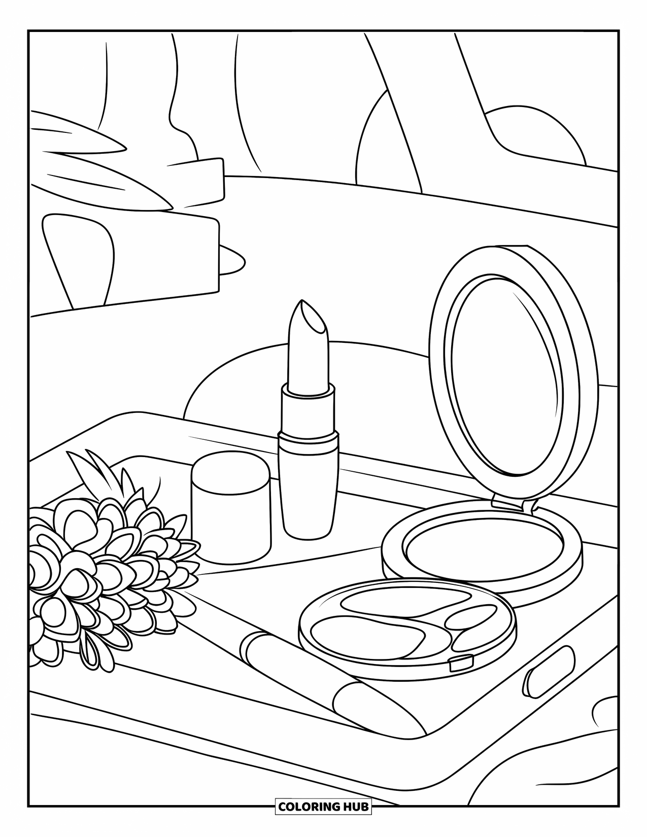 Desen de colorat Coquette pentru copii: Ruj, pensulă și o oglindă se află pe o tavă lângă un buchet mic