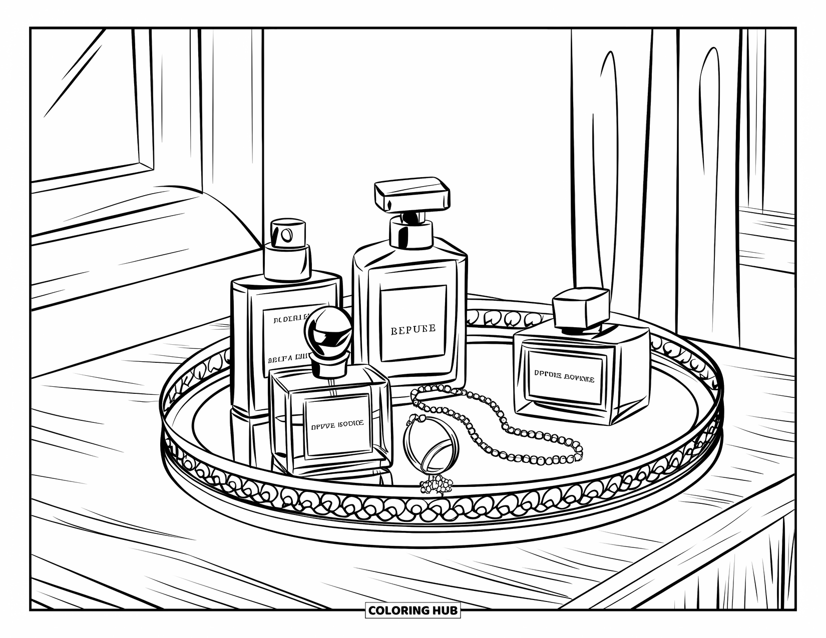 Desen de colorat Coquette pentru copii: Sticle de parfum și bijuterii se află pe o tavă lângă o fereastră cu perdele moi