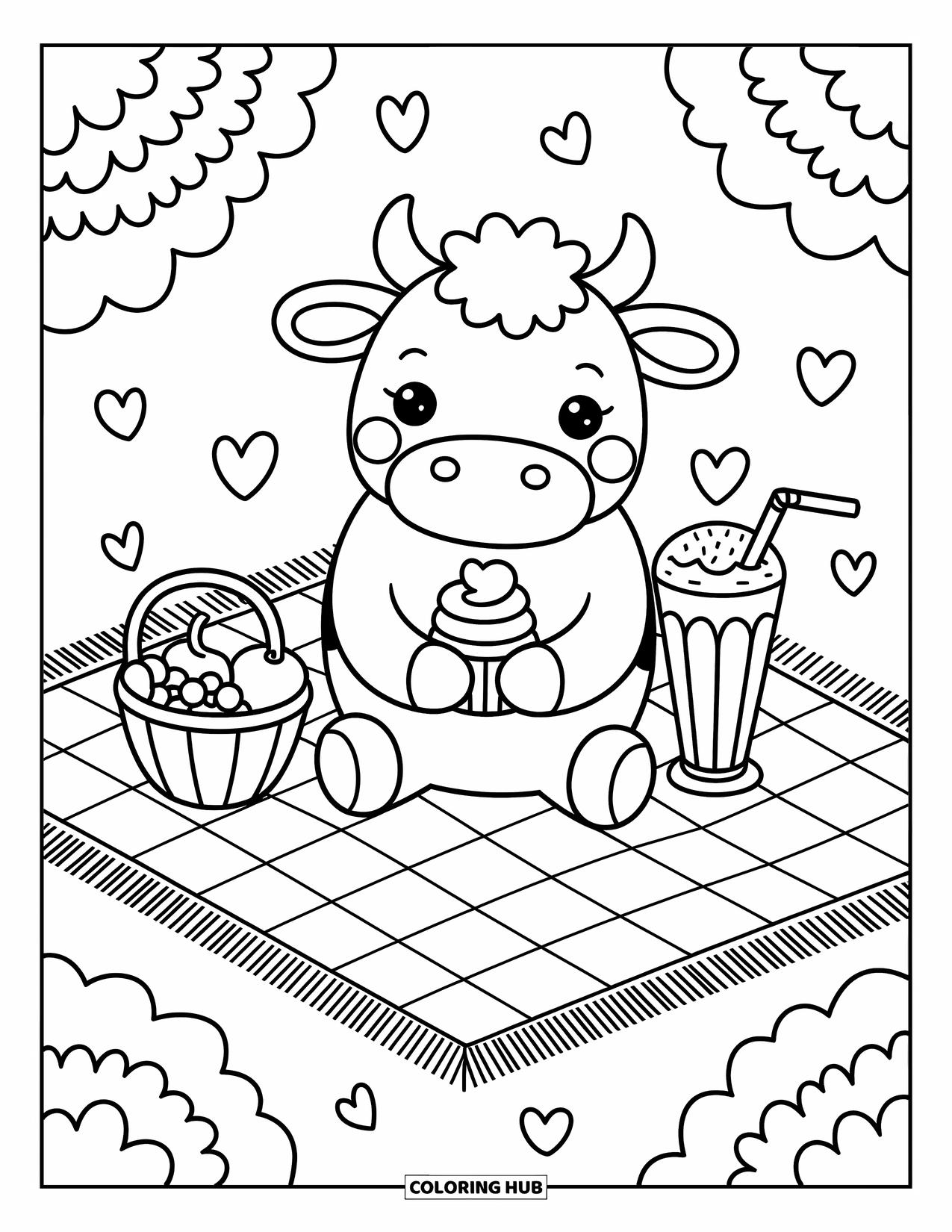 Disegno da colorare di una mucca per adulti: una mucca allegra a un picnic tiene in mano un cupcake e un frappè